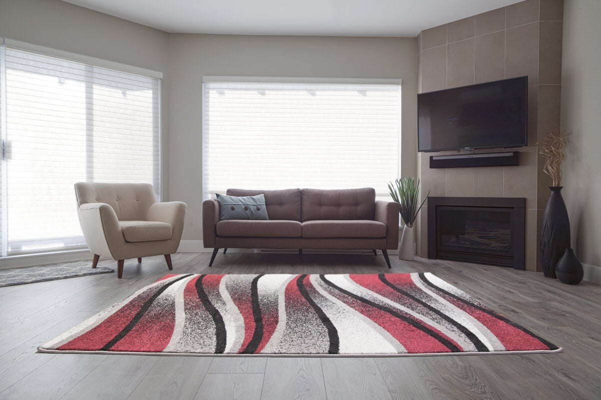 Durable Boston Collection Waves Pattern Abstract Mat Carpet in Ivory Red Grey, 2' x 3'3"(60cm x 100cm)