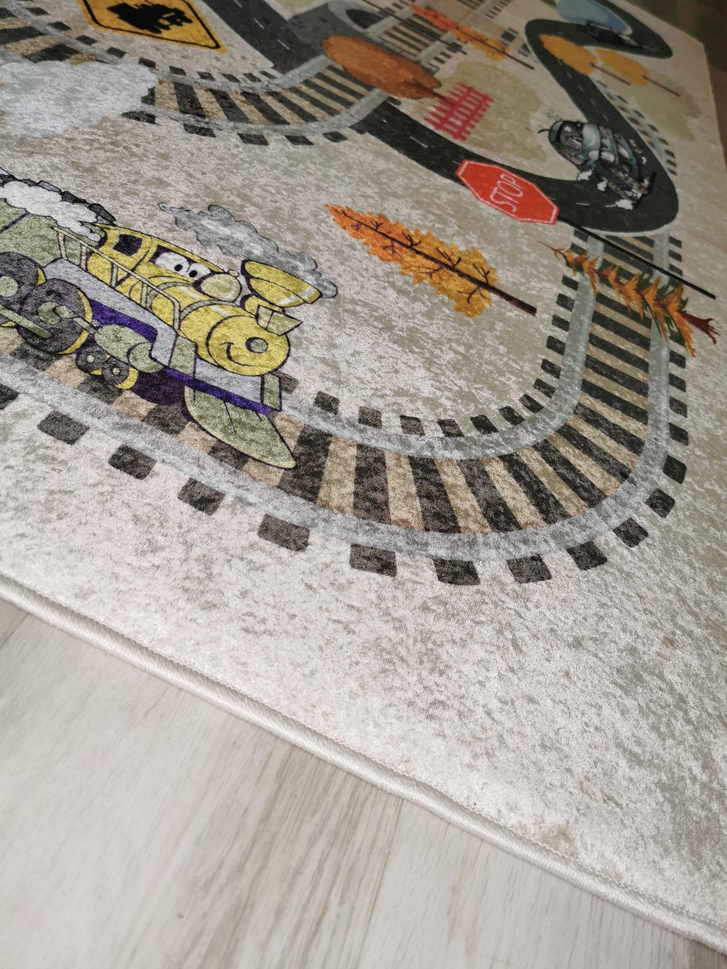 Beige Train Tracks Flatweave Play Area Rug