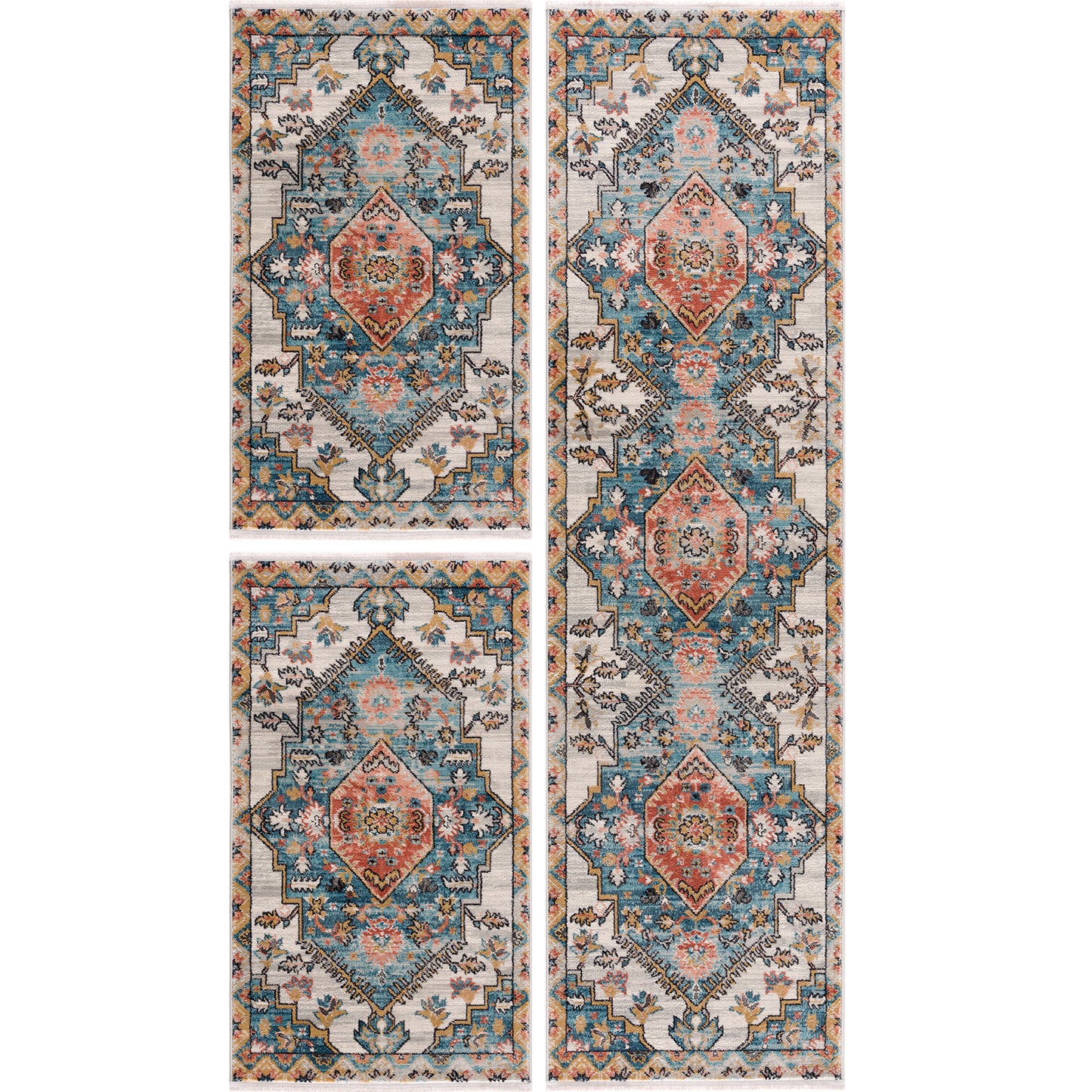 La Dole Rugs Traditional Bordered Navajo Vintage Teal Turquoise Ivory Red Orange Area Rug