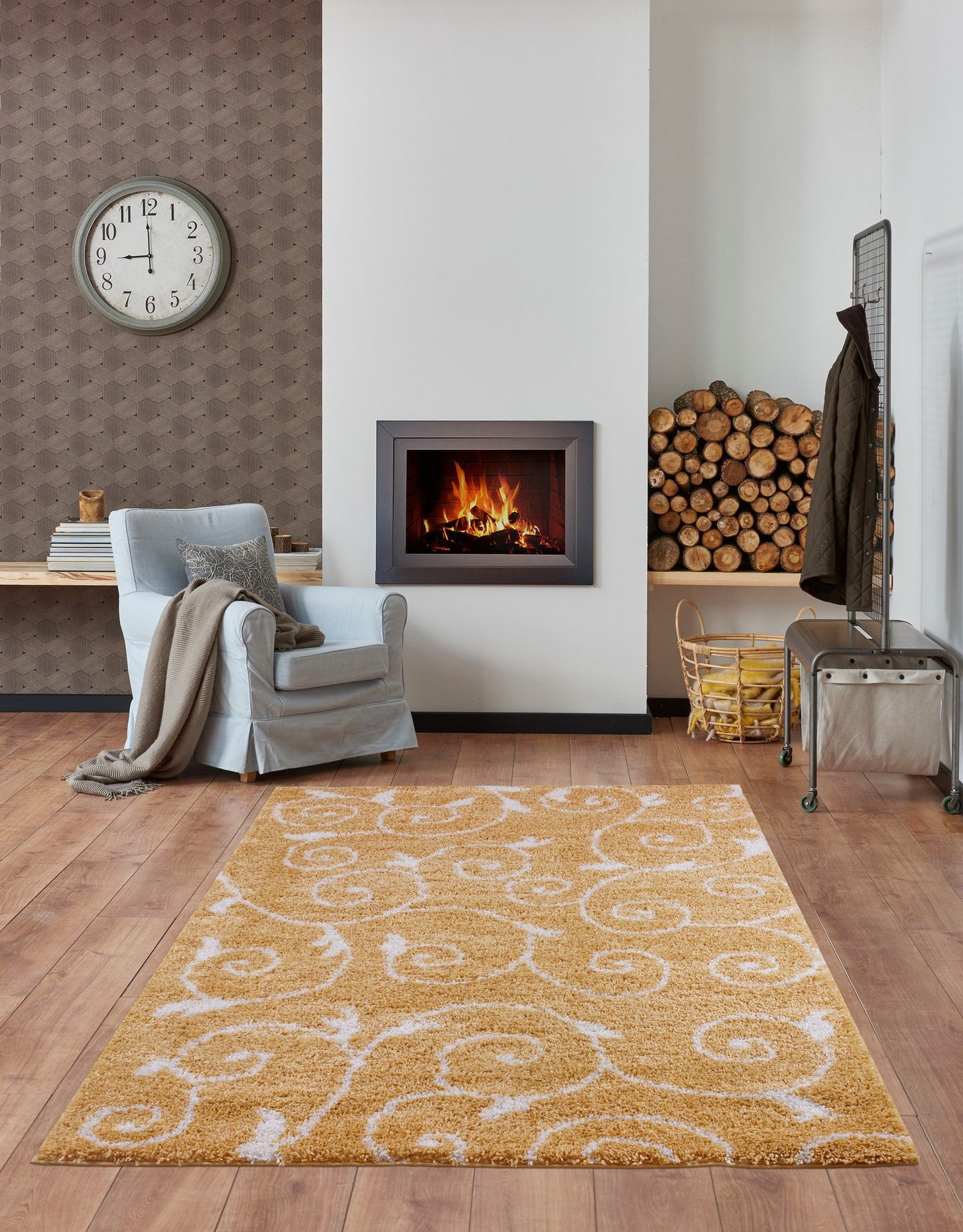 Shaggy Rabat Abstract Pattern Sustainable Spirals Style Indoor Rug in Dark Yellow White