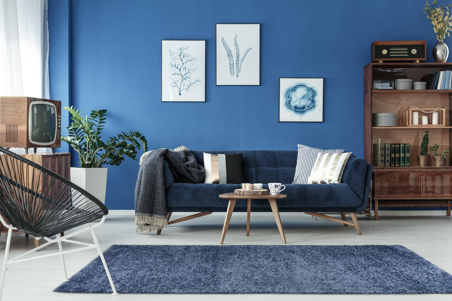 Solid Color Shaggy Meknes Durable Beautiful Turkish Rug in Blue