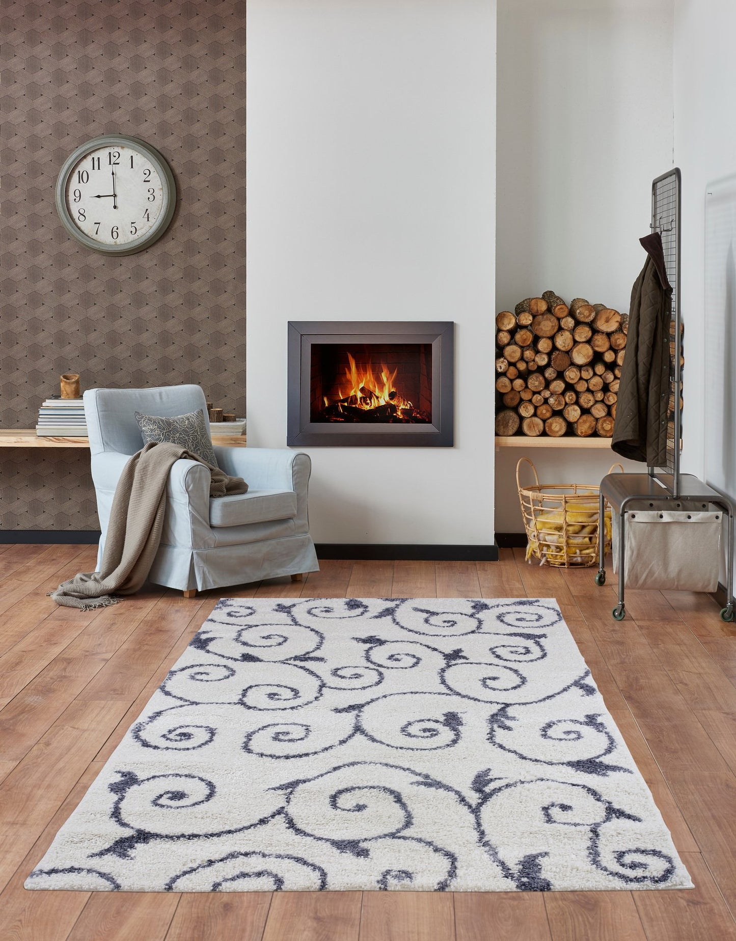 Shaggy Rabat Abstract Pattern Sustainable Spirals Style Indoor Big Runner Rug, White/Dark Gray,