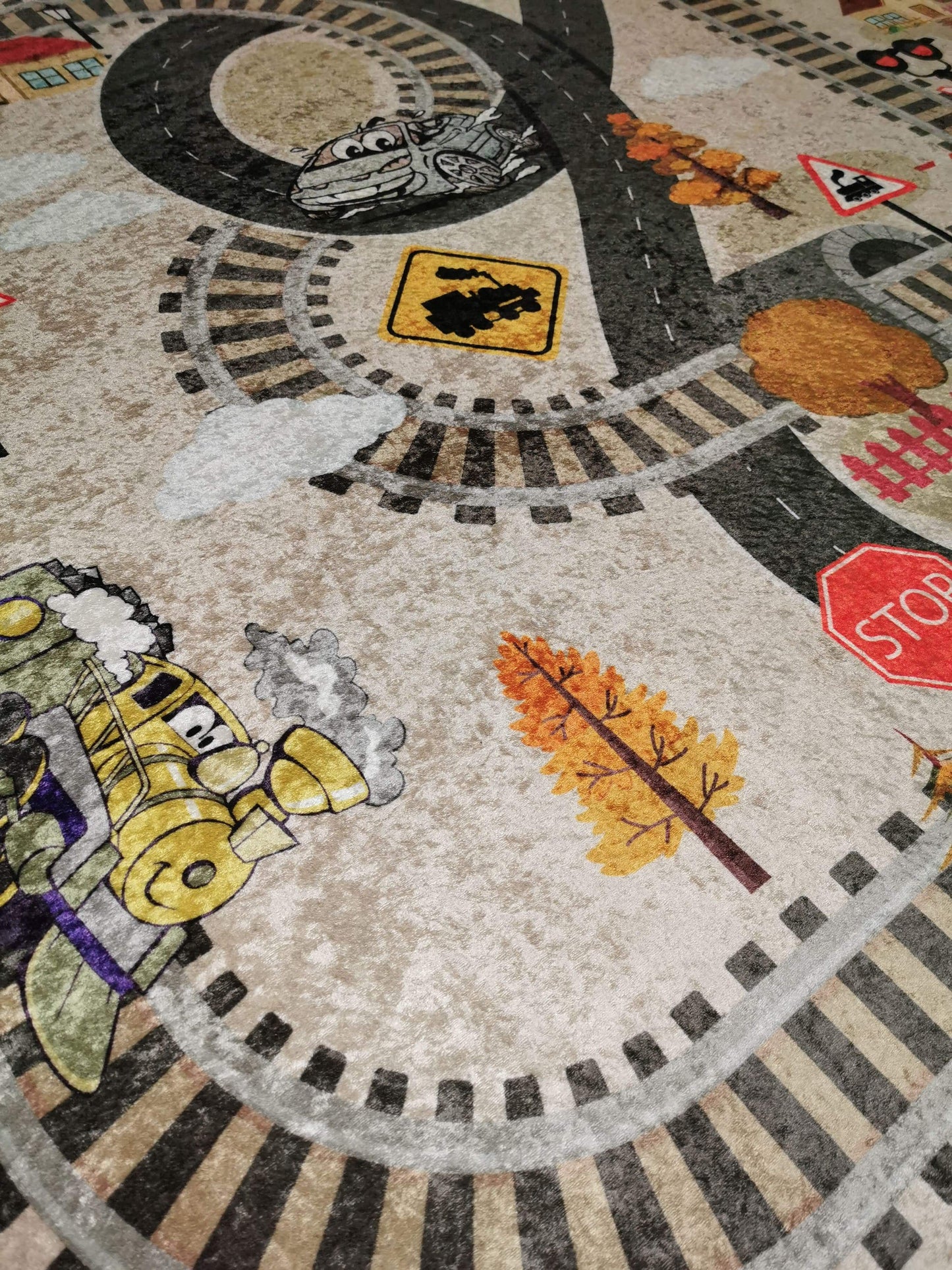 Beige Train Tracks Flatweave Play Area Rug