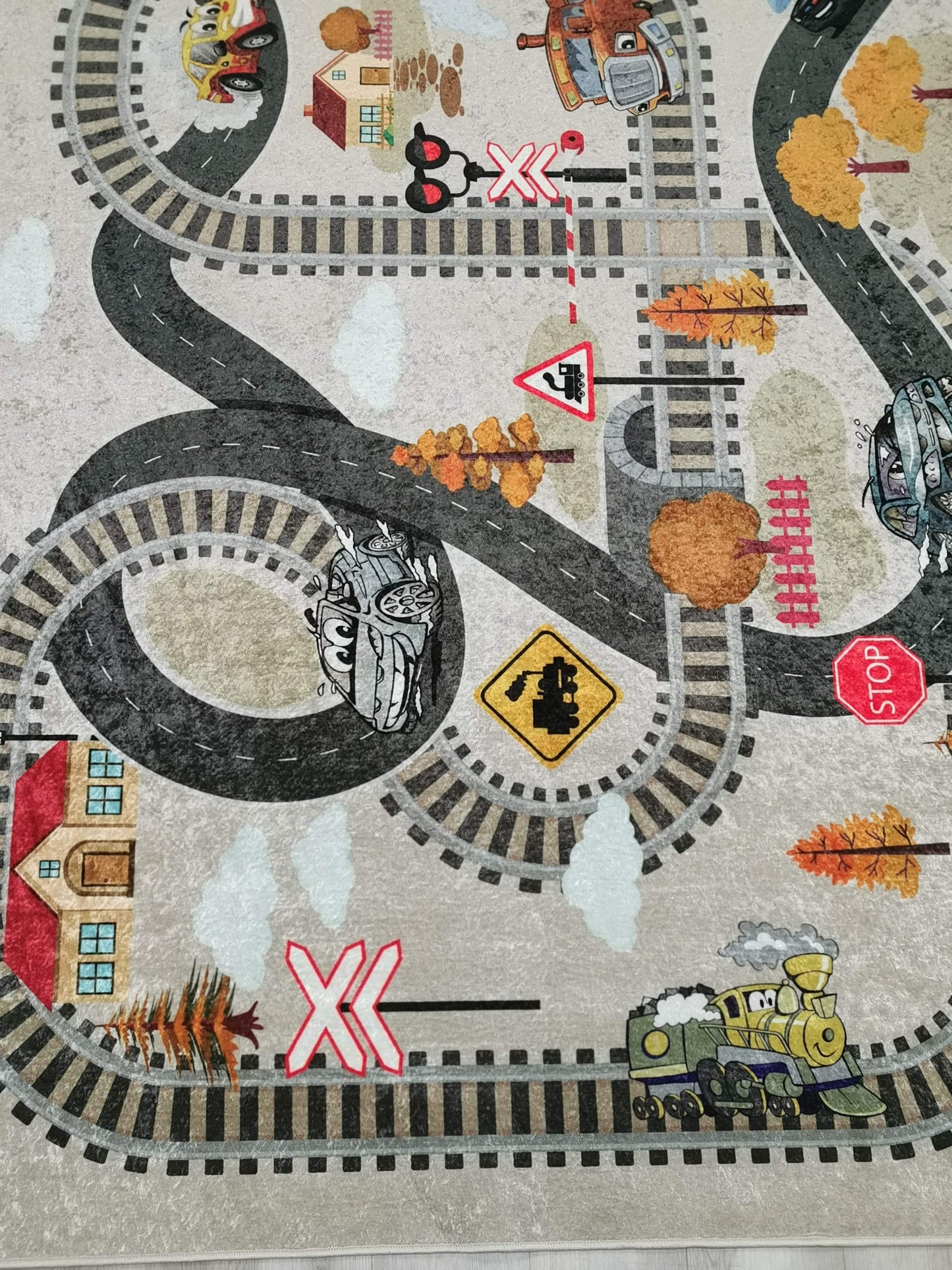 Beige Train Tracks Flatweave Play Area Rug