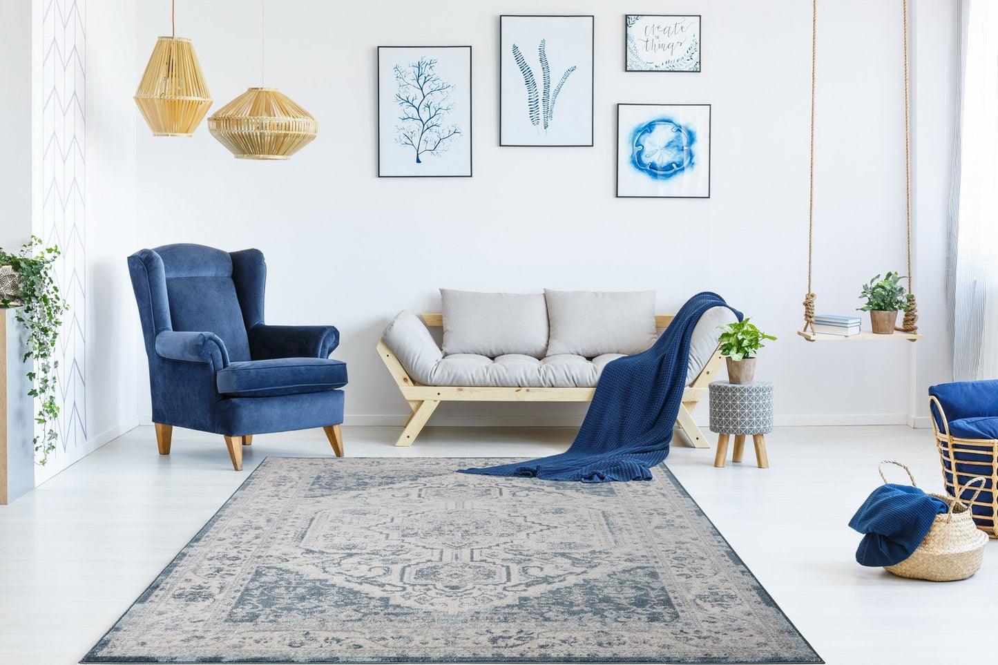 Lux Cotto Persian Bordered Blue Cream Area Rug