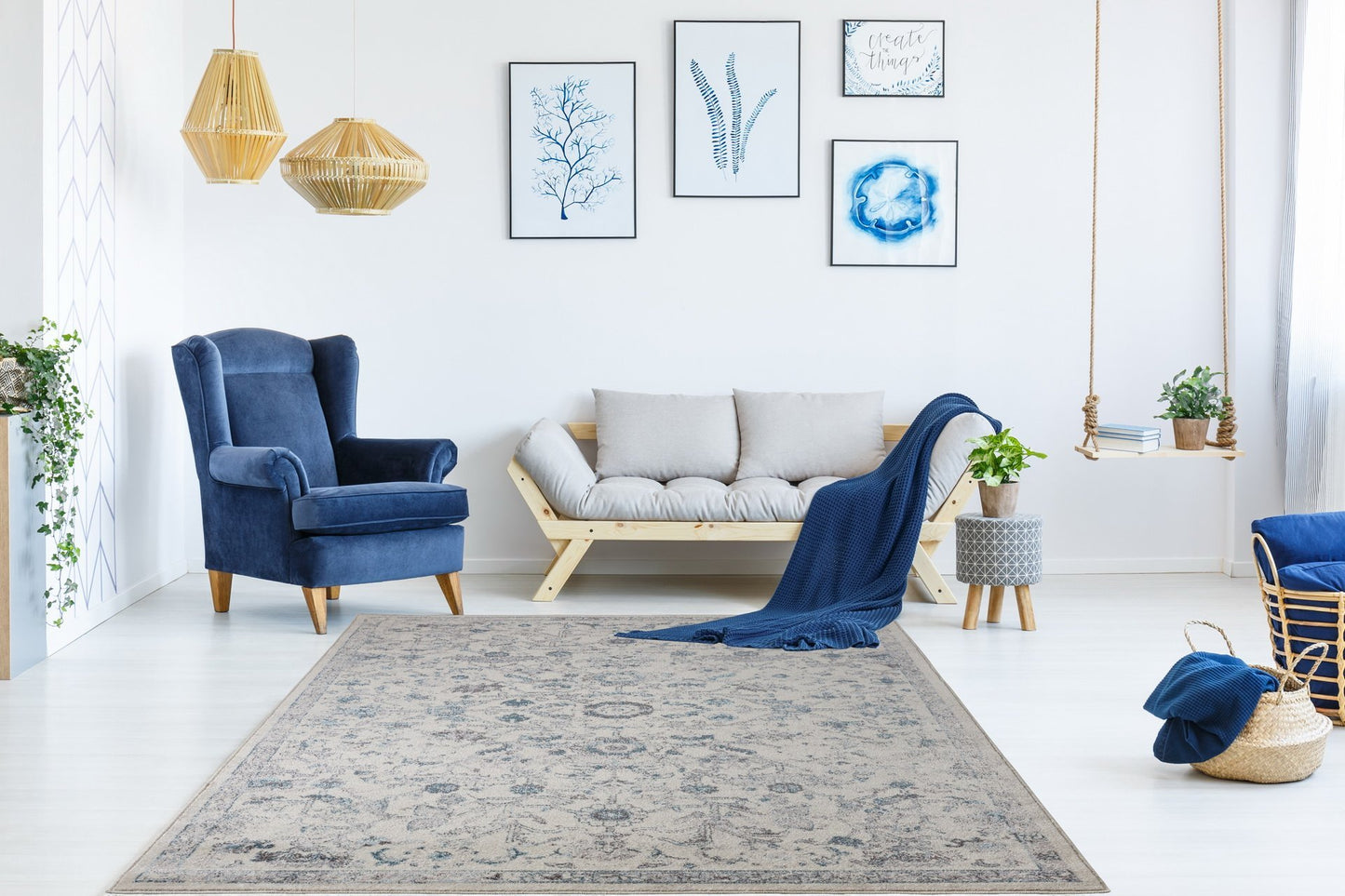 Arwen Cream Blue Traditional Persian Design Area Rug
