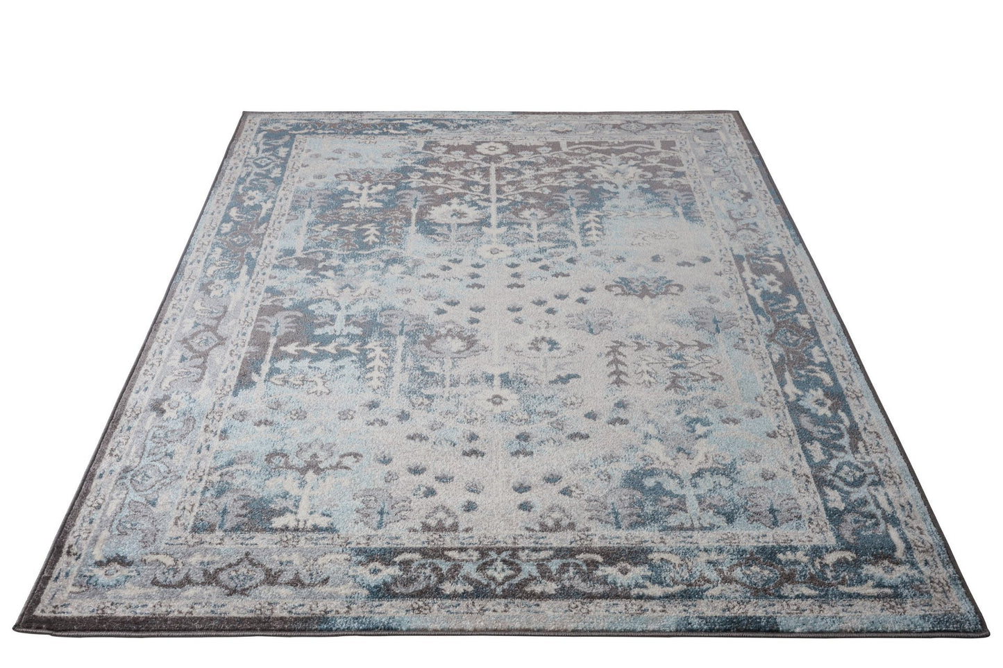 Pasific Cream Brown Blue Bordered Vintage Style Area Rug