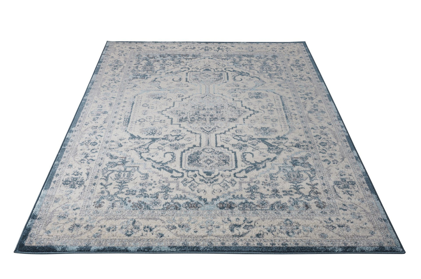 Goldline Cream Ivory Blue Bordered Persian Style Area Rug