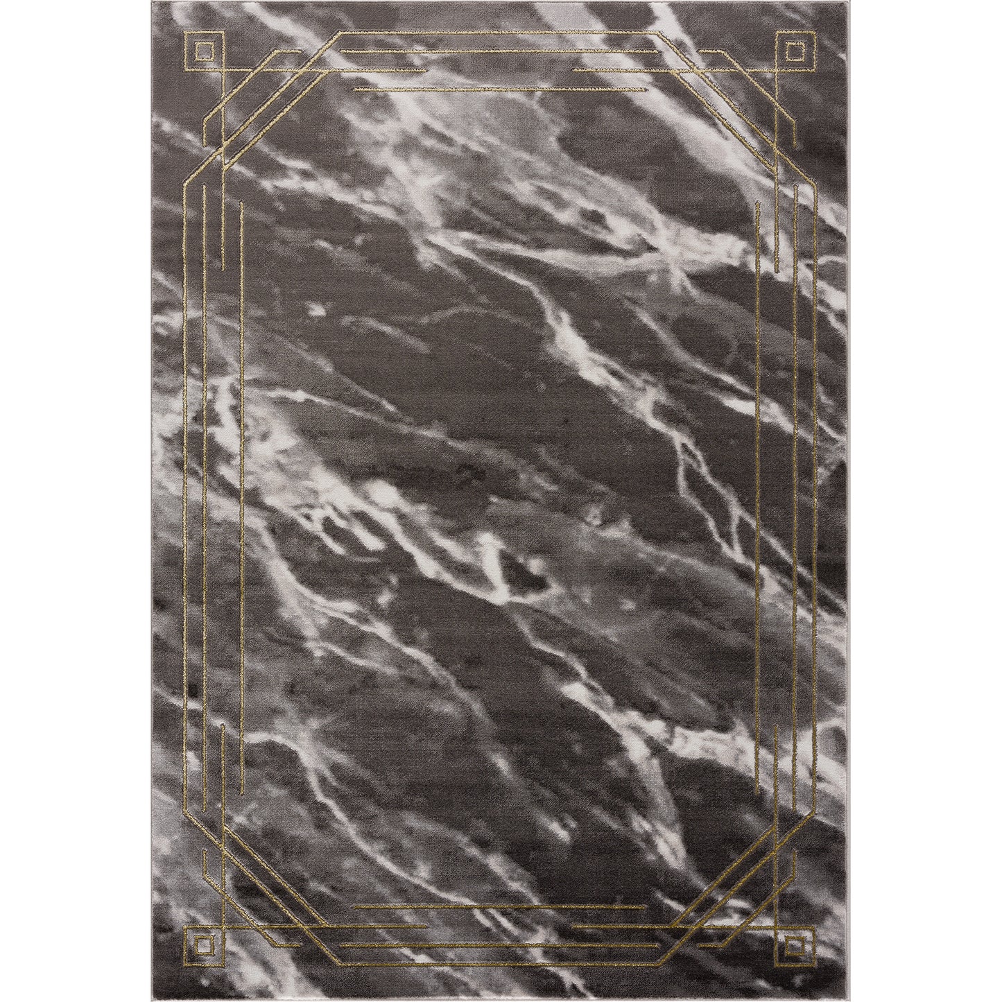La Dole Rugs Modern Minimalistic Marble Pattern Abstract Rustic Grey Charcoal Gold Bordered Area Rug