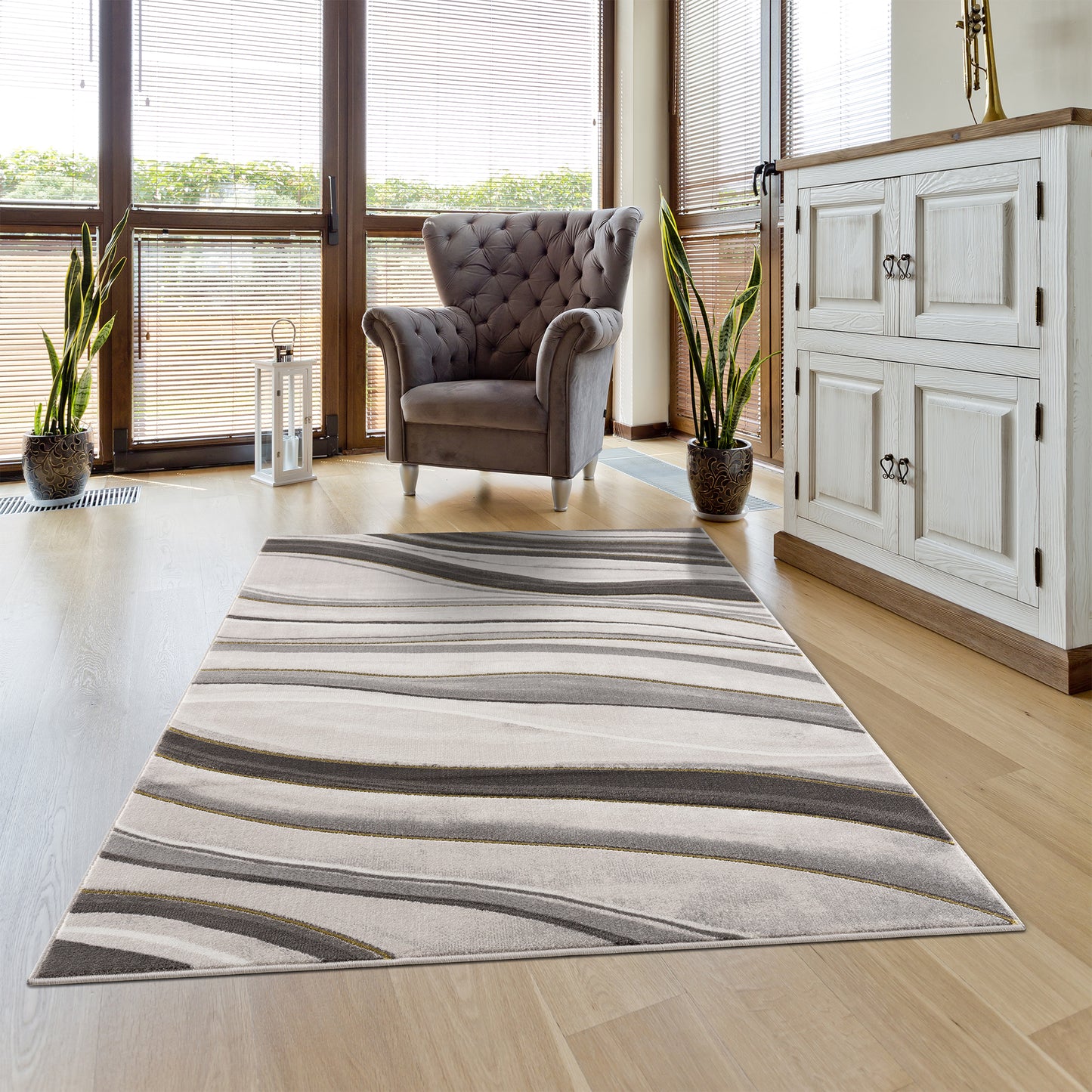 Light Dark Grey Beige Gold Spirals Waves Striped Pattern Abstract Modern Area Rug