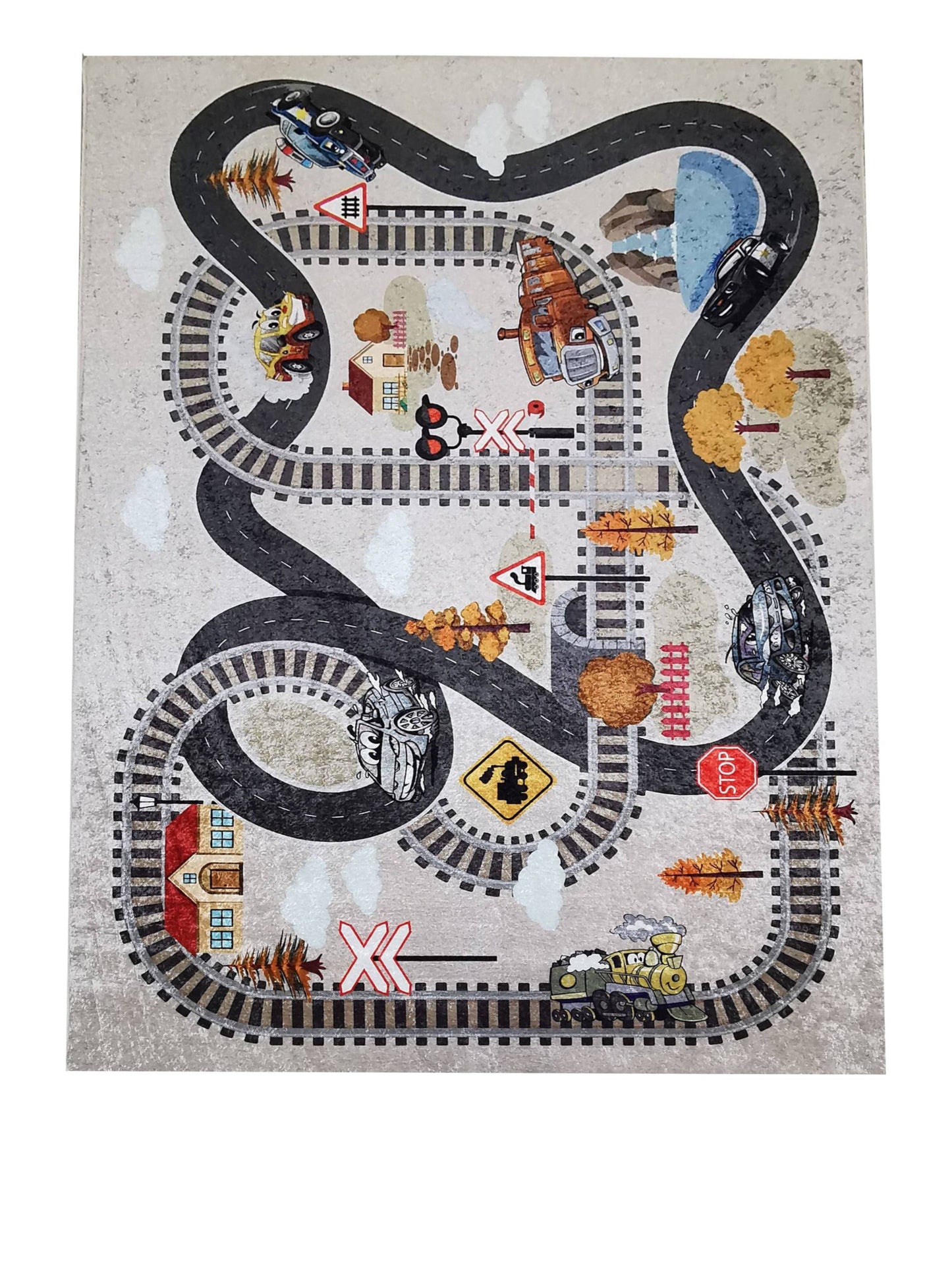 Beige Train Tracks Flatweave Play Area Rug