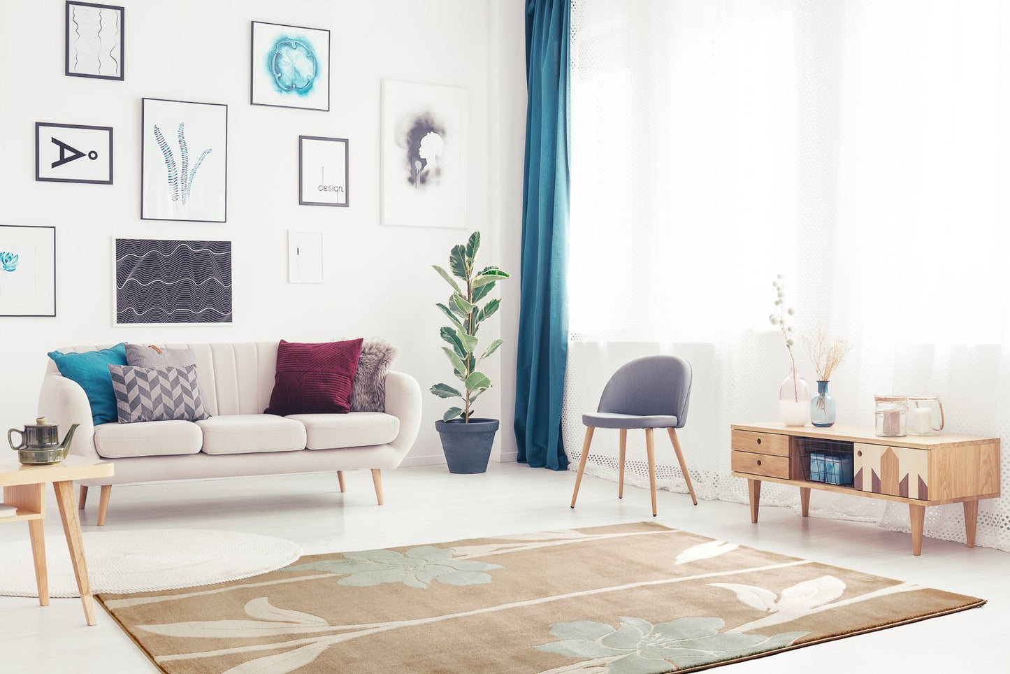 Blue Flowers Pattern Design, Beautiful Area Rug Carpet in Brown