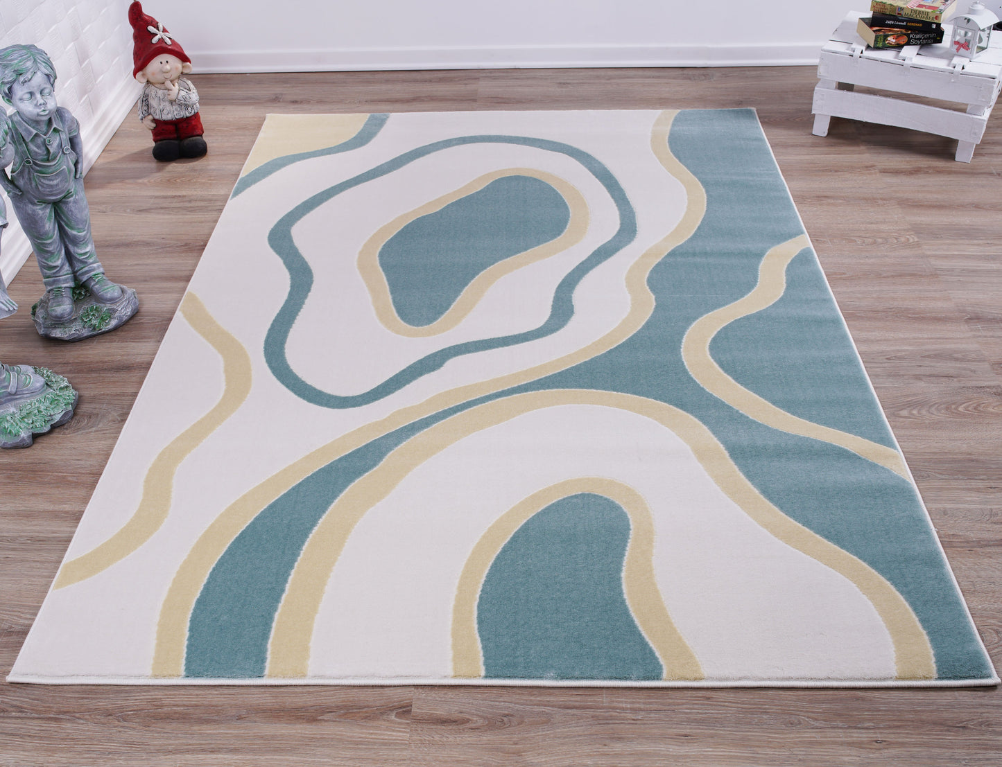 Cream Blue Abstract Area Rug