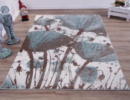 Light Blue Cream Poppy Flower Area Rug