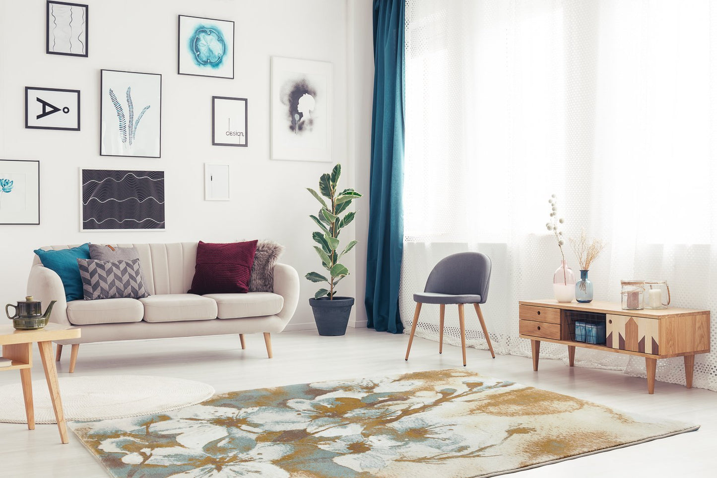 Sky Blue Gray Floral Area Rug