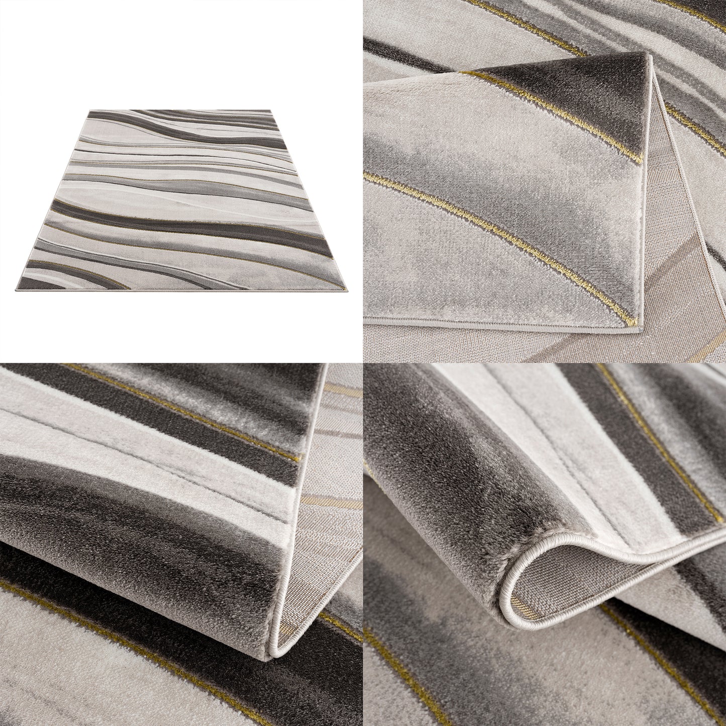 Light Dark Grey Beige Gold Spirals Waves Striped Pattern Abstract Modern Area Rug