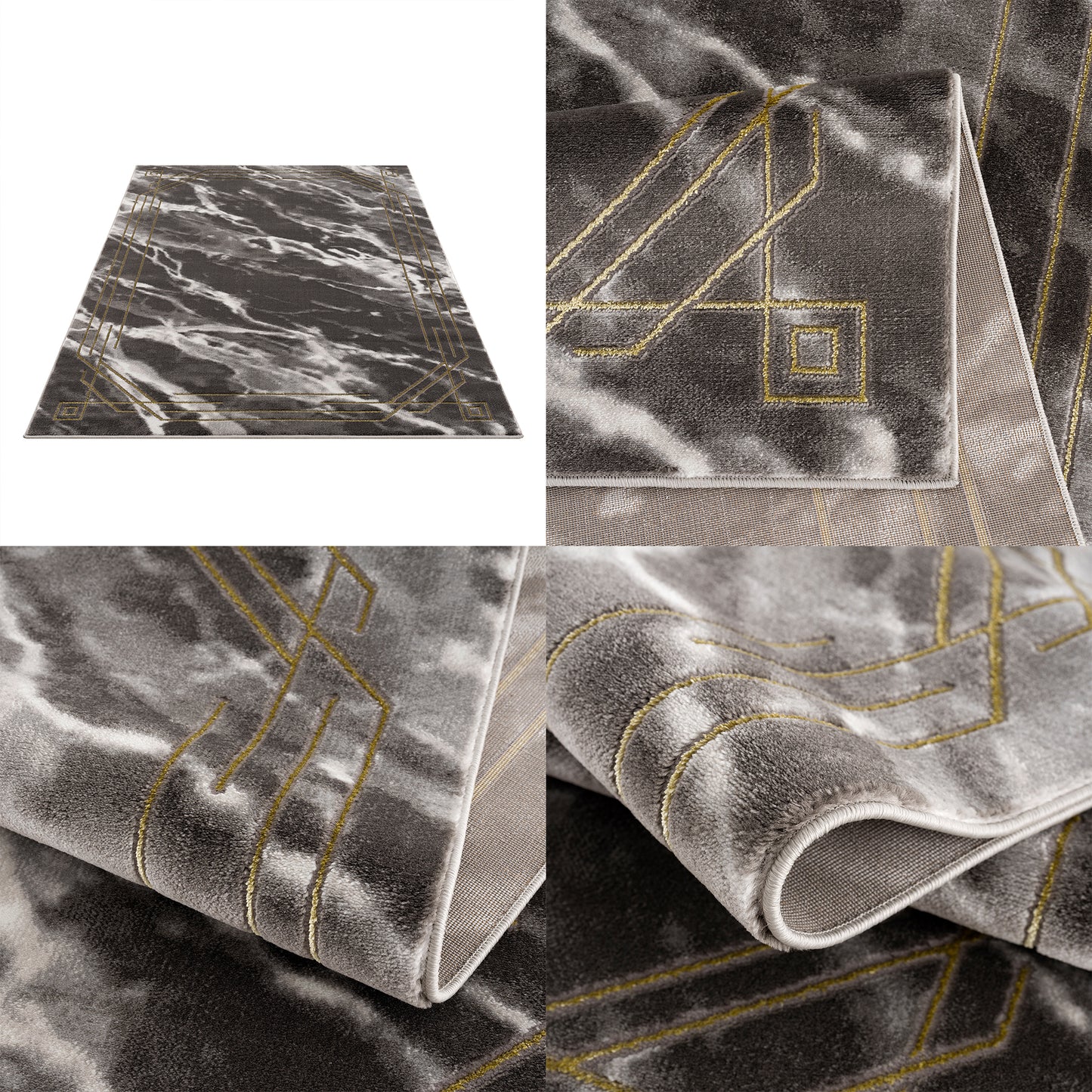 La Dole Rugs Modern Minimalistic Marble Pattern Abstract Rustic Grey Charcoal Gold Bordered Area Rug