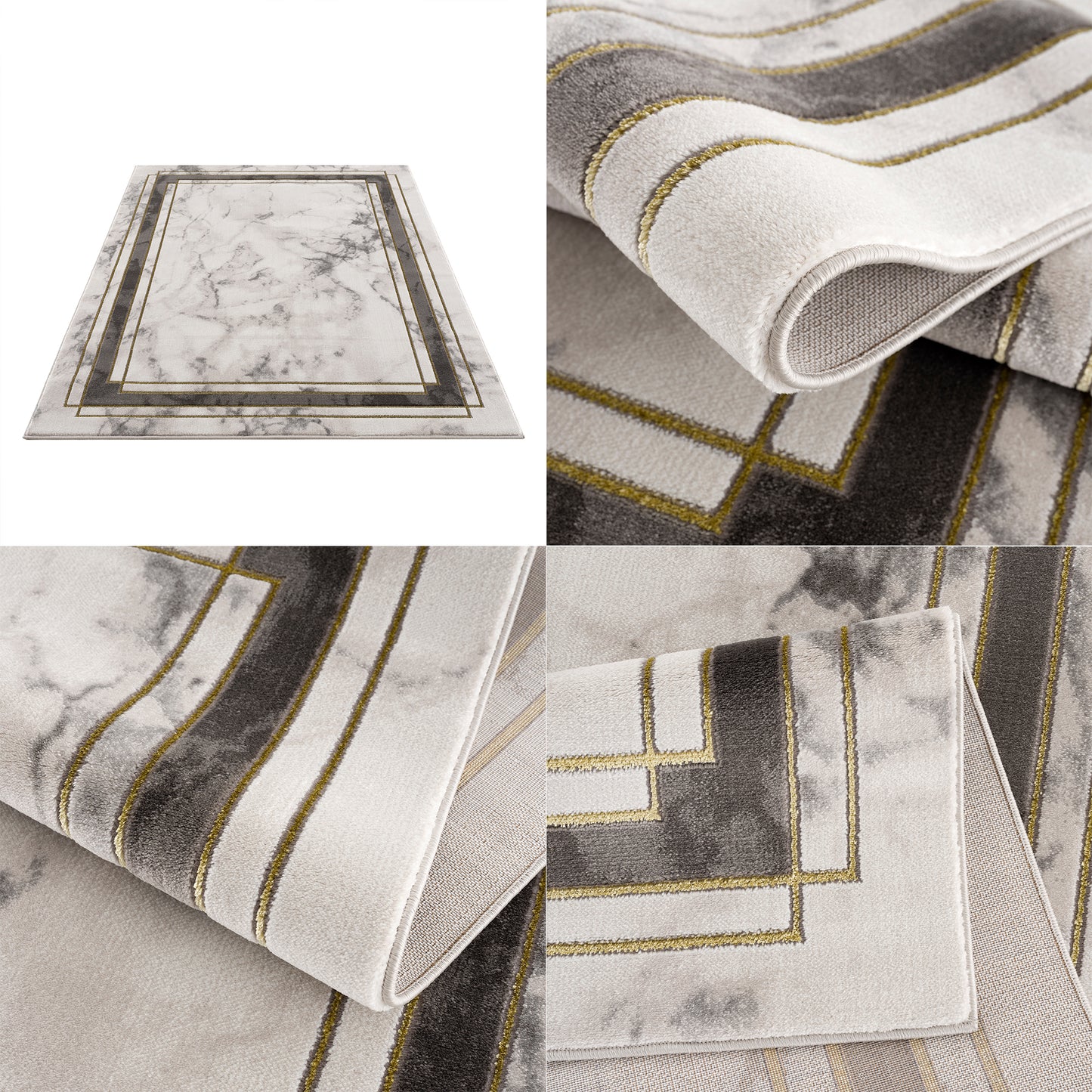 Light Dark Grey Beige Modern Abstract Striped Bordered Marble Pattern Area Rug