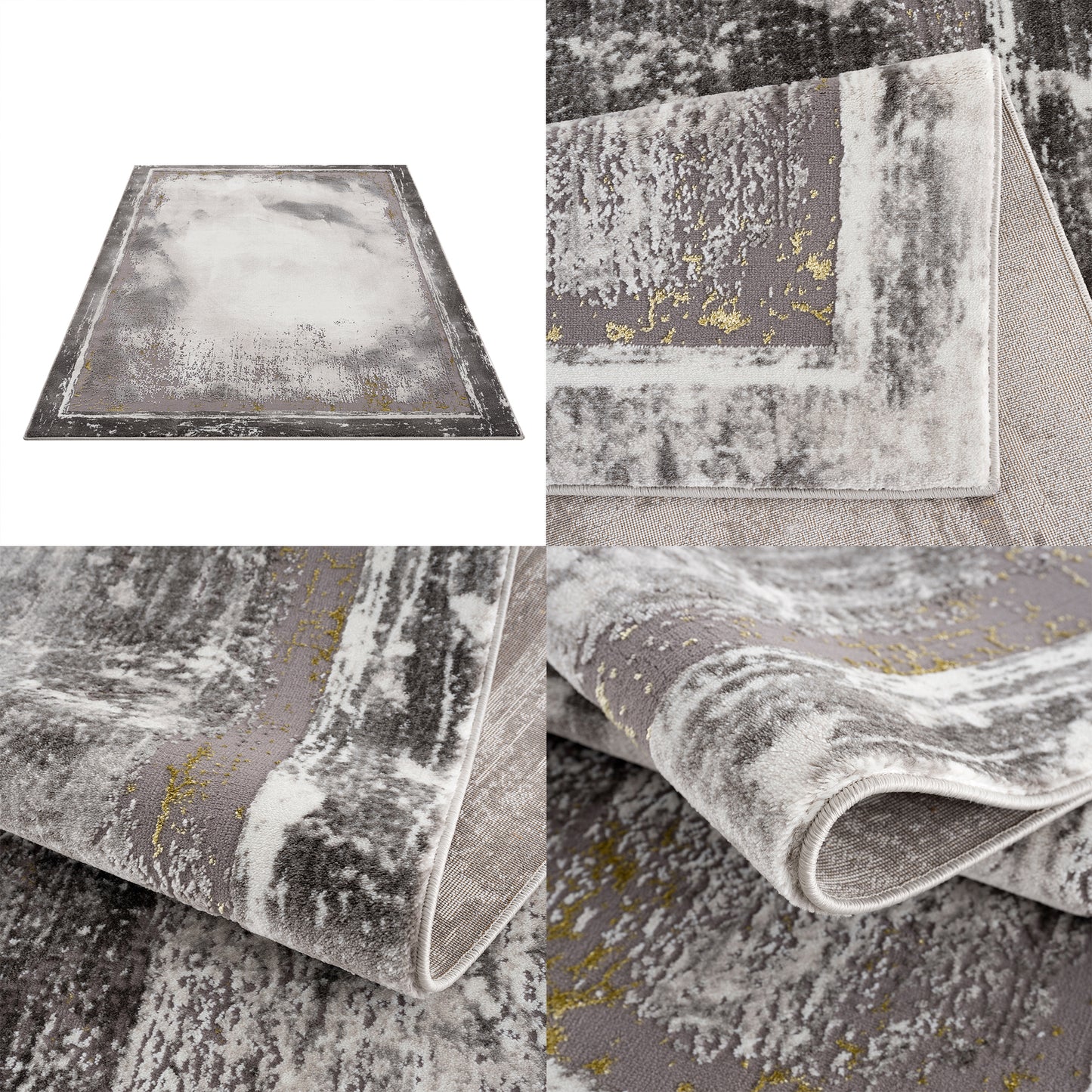 Light Dark Grey Beige Modern Abstract Bordered Rustic Marble Pattern Area Rug