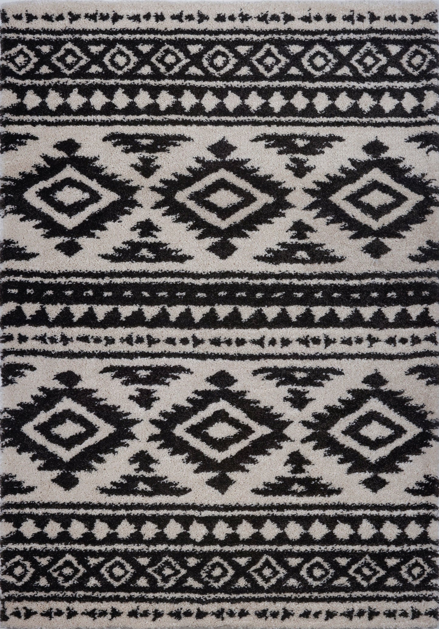 Damask Trellis Ivory Dark Grey Shaggy Area Rug -