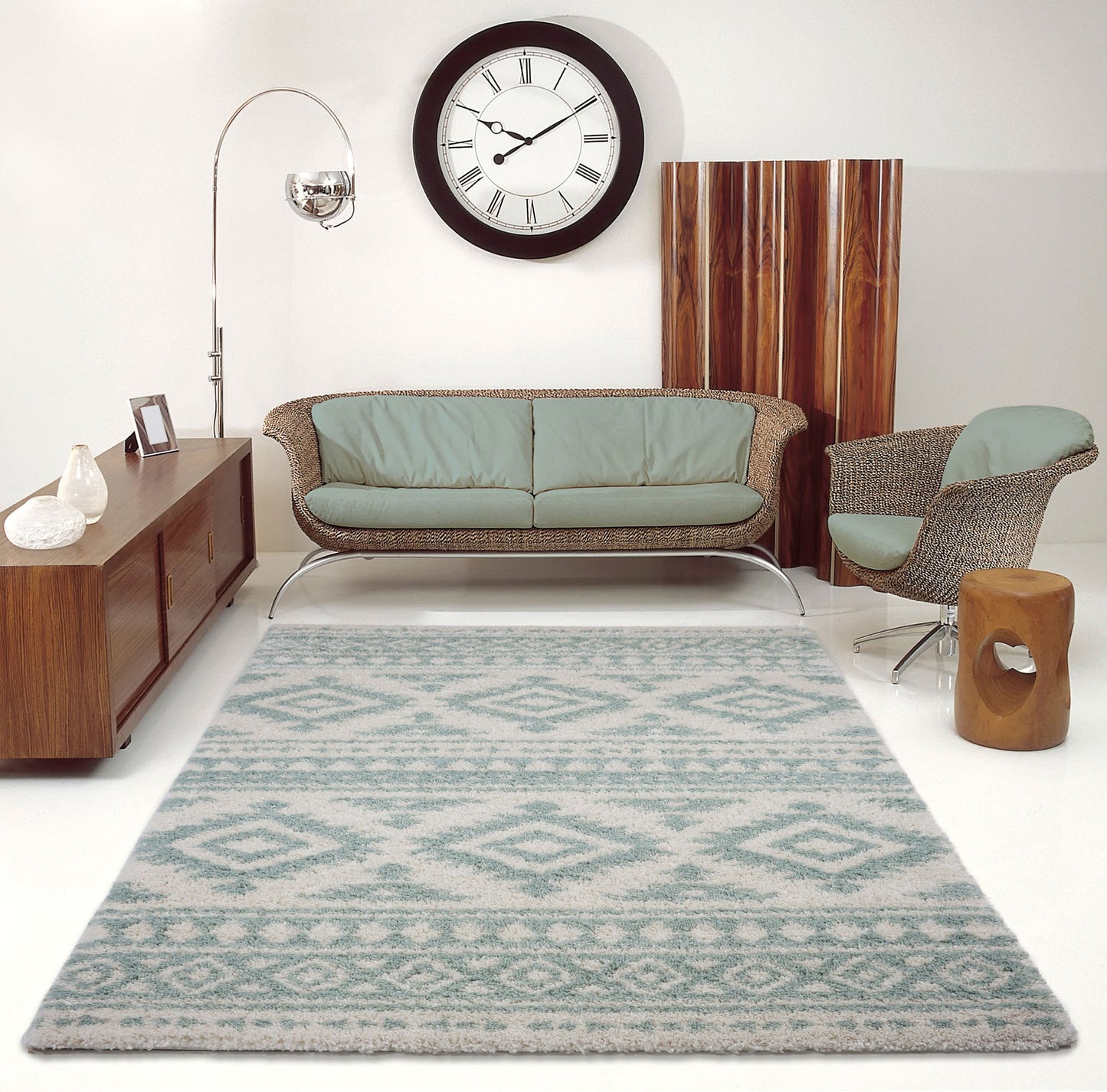 Damask Trellis Ivory Aqua Green Shaggy Area Rug -