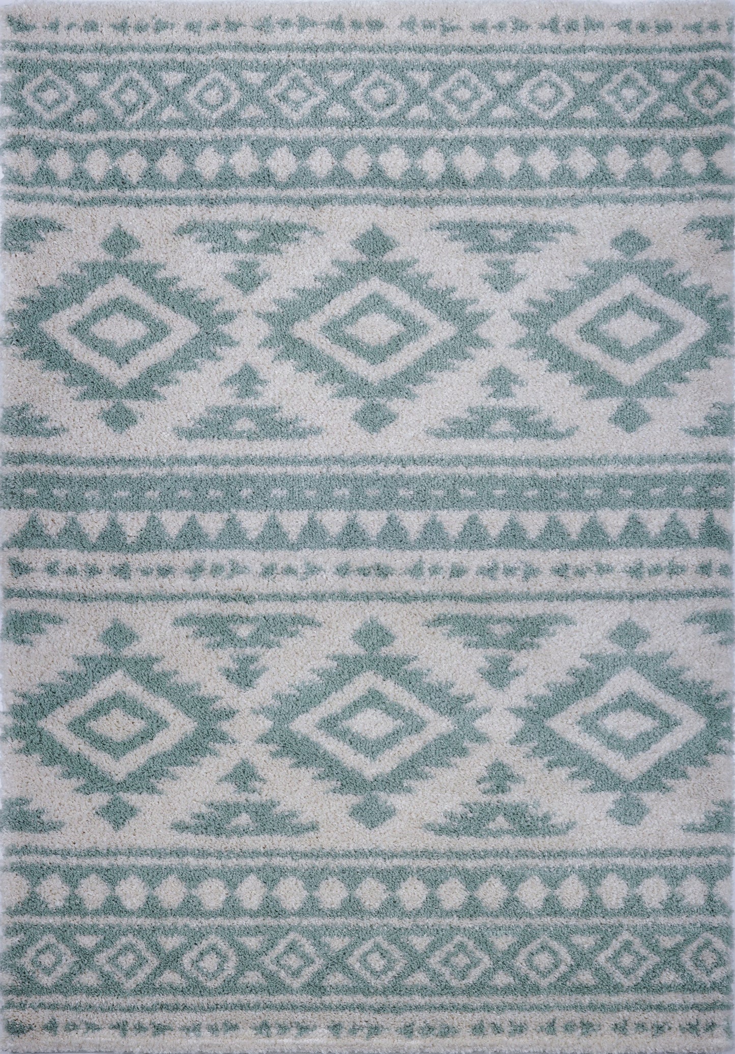 Damask Trellis Ivory Aqua Green Shaggy Area Rug -