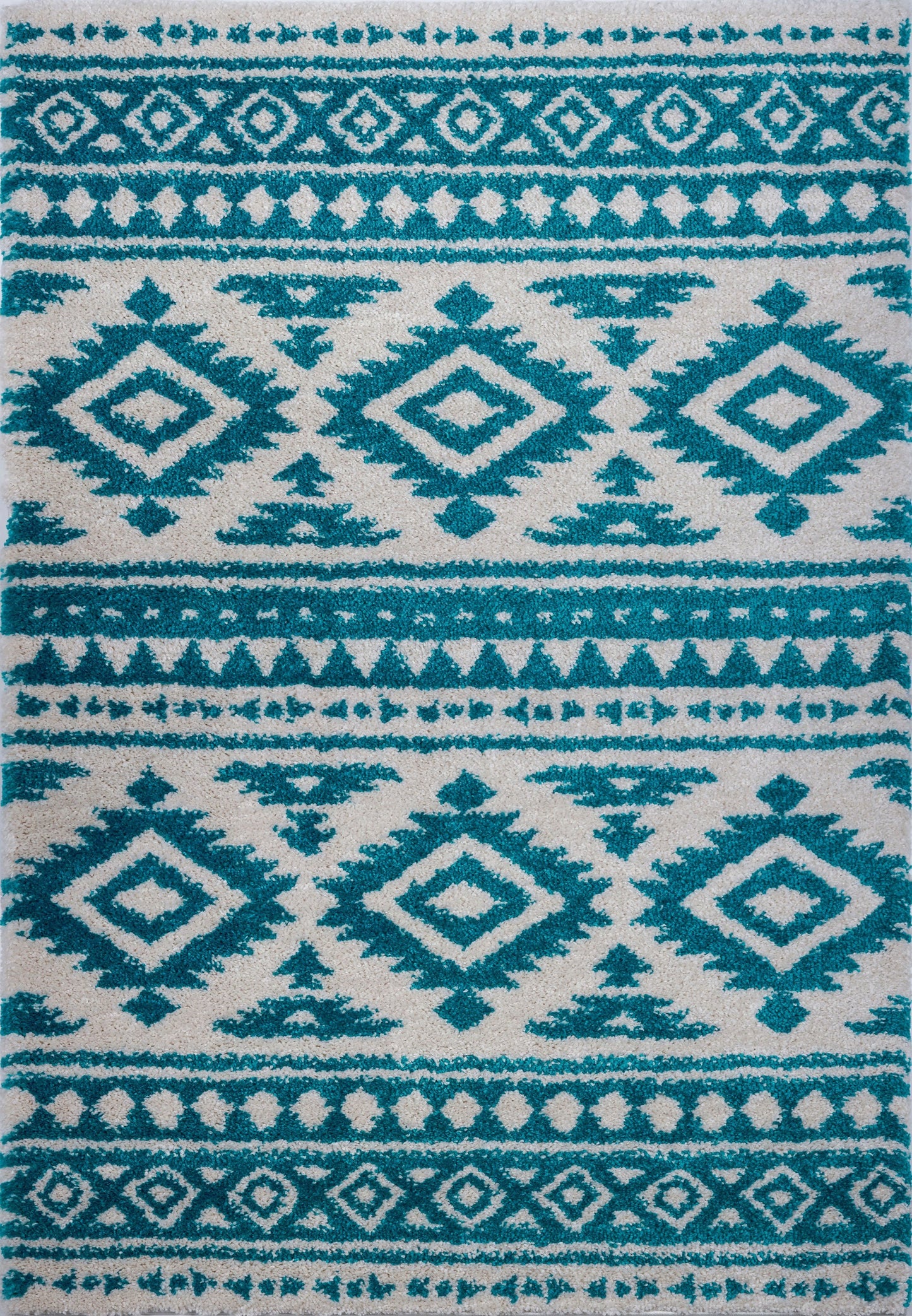 Damask Trellis Turquoise Ivory Shaggy Area Rug -