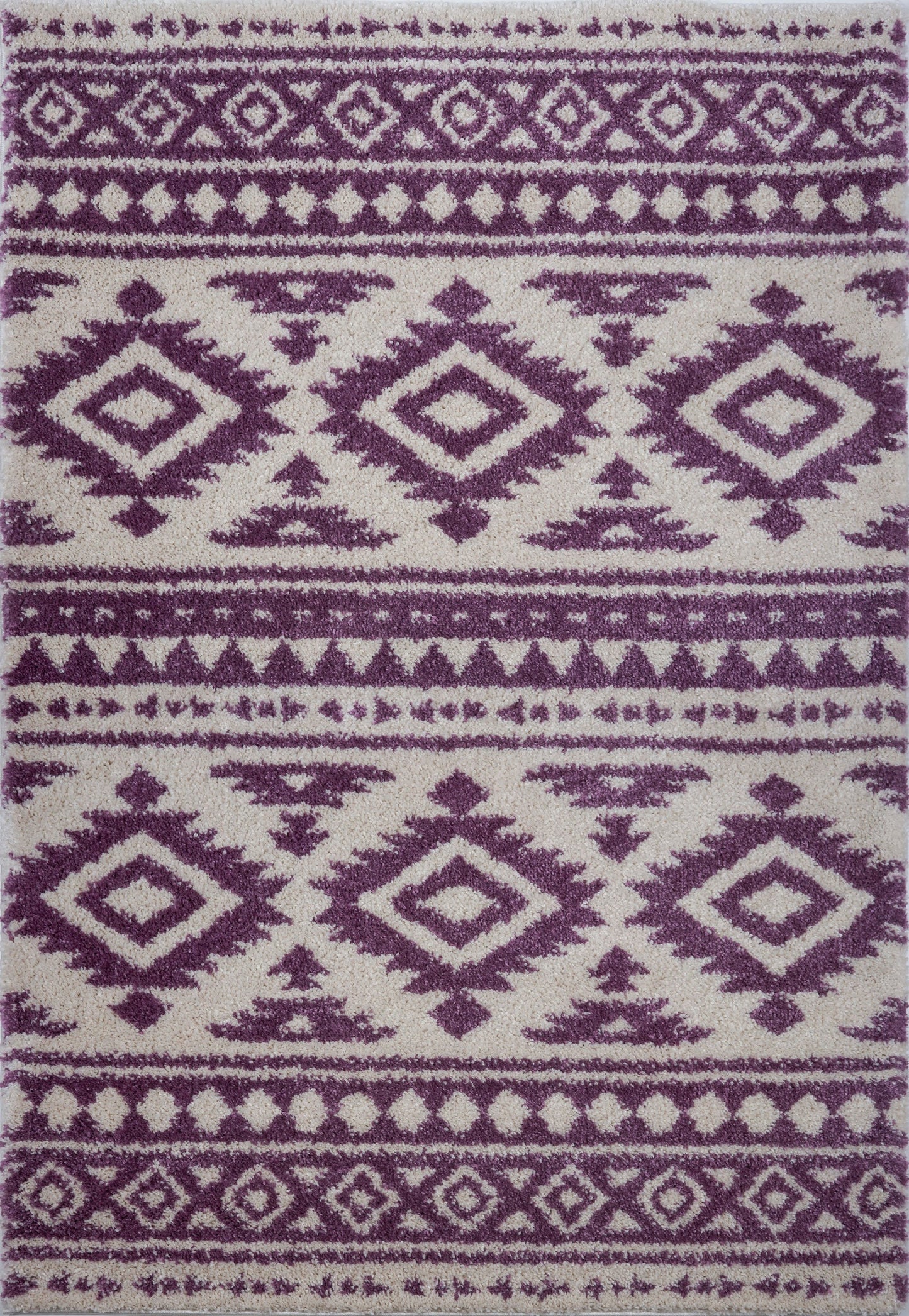Damask Trellis Ivory Berry Purple Shaggy Area Rug -