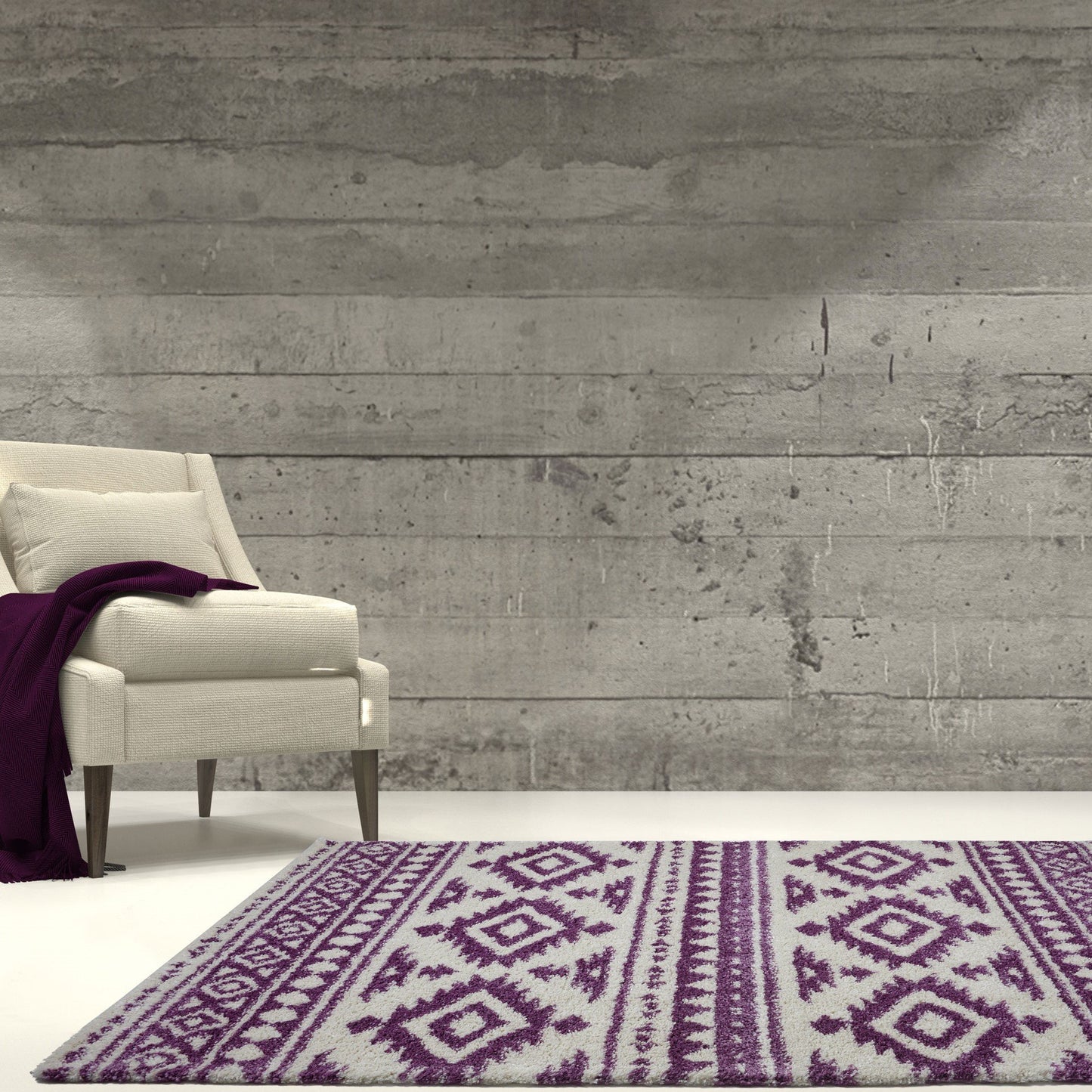 Damask Trellis Ivory Berry Purple Shaggy Area Rug -