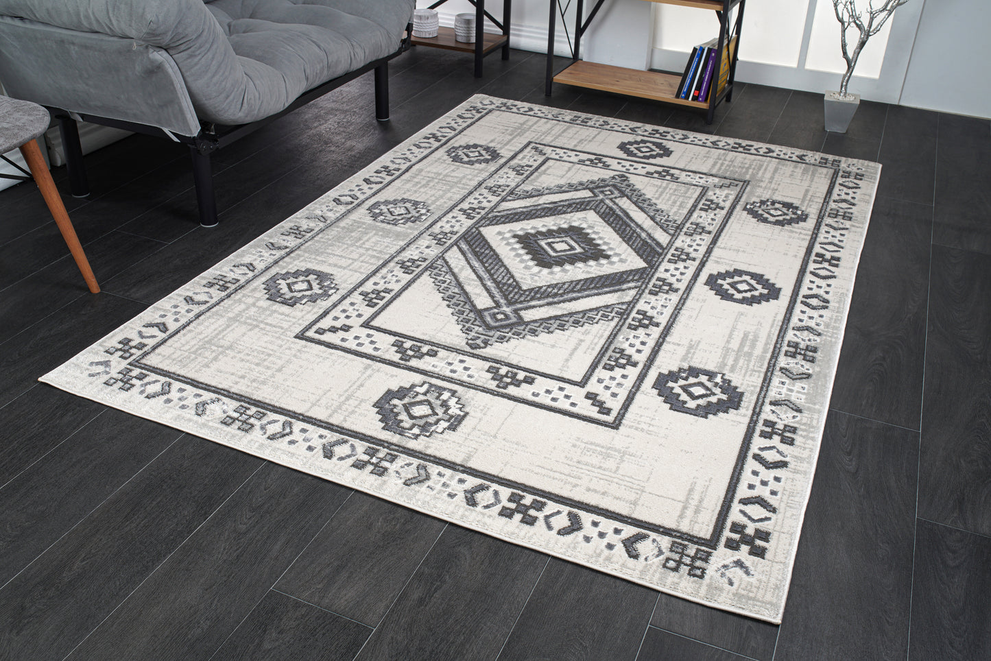 Lucas Dark Light Grey Modern Bordered Geometric Area Rug