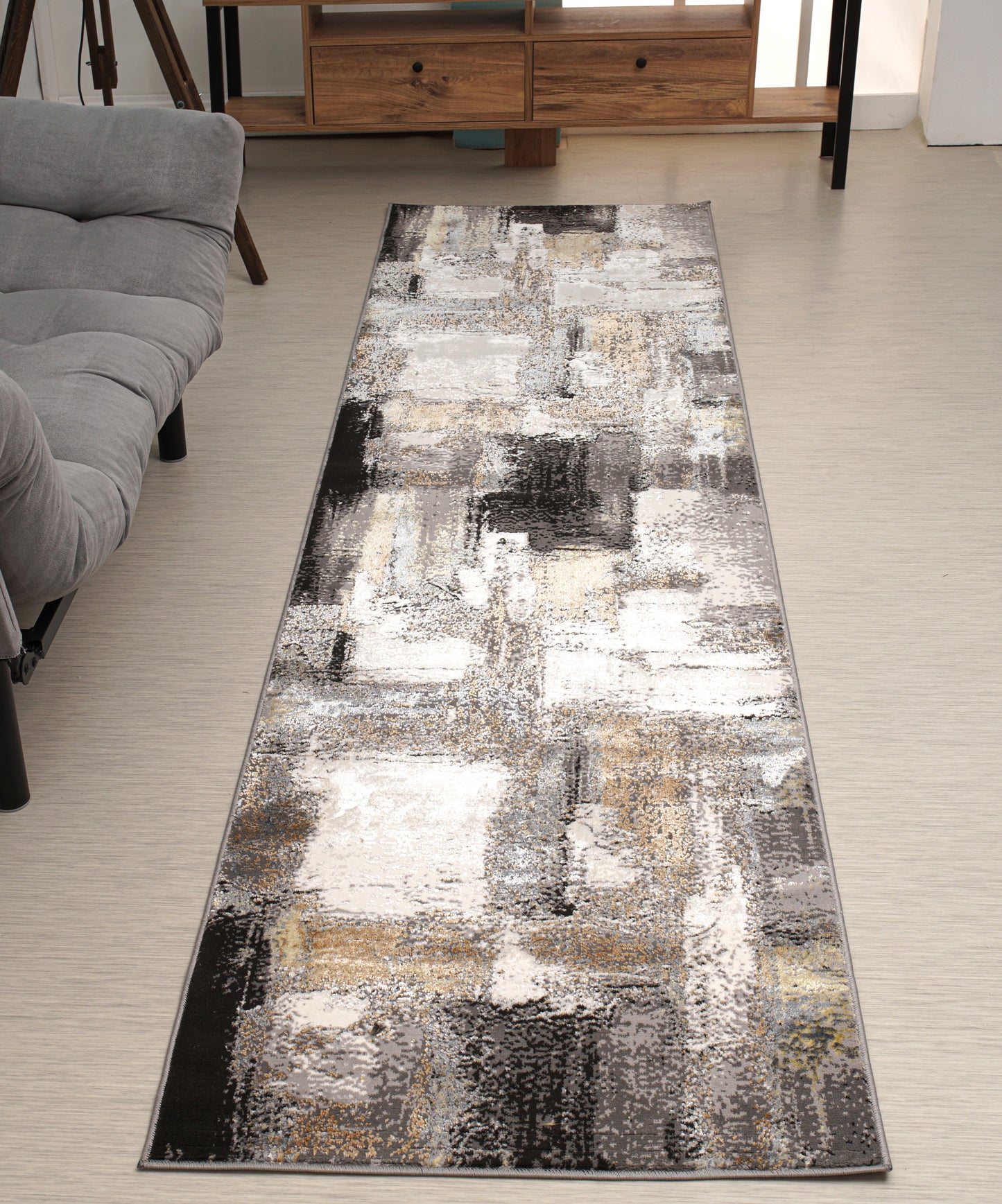 Cream Copper Gold Grey Metalic Rustic Abstract Patches Pattern Area Rug