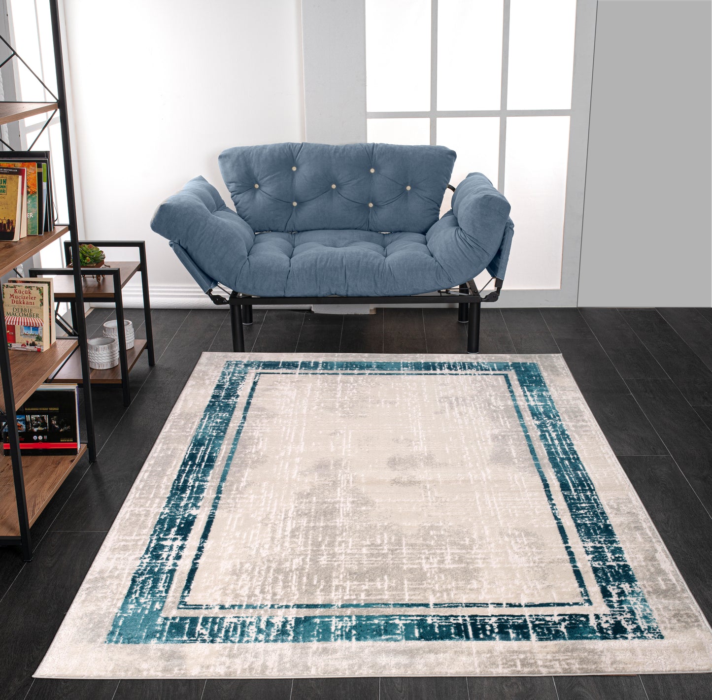 Blue Grey Bordered Modern Contemporary Minimalistic Area Rug For Living Room Bedroom