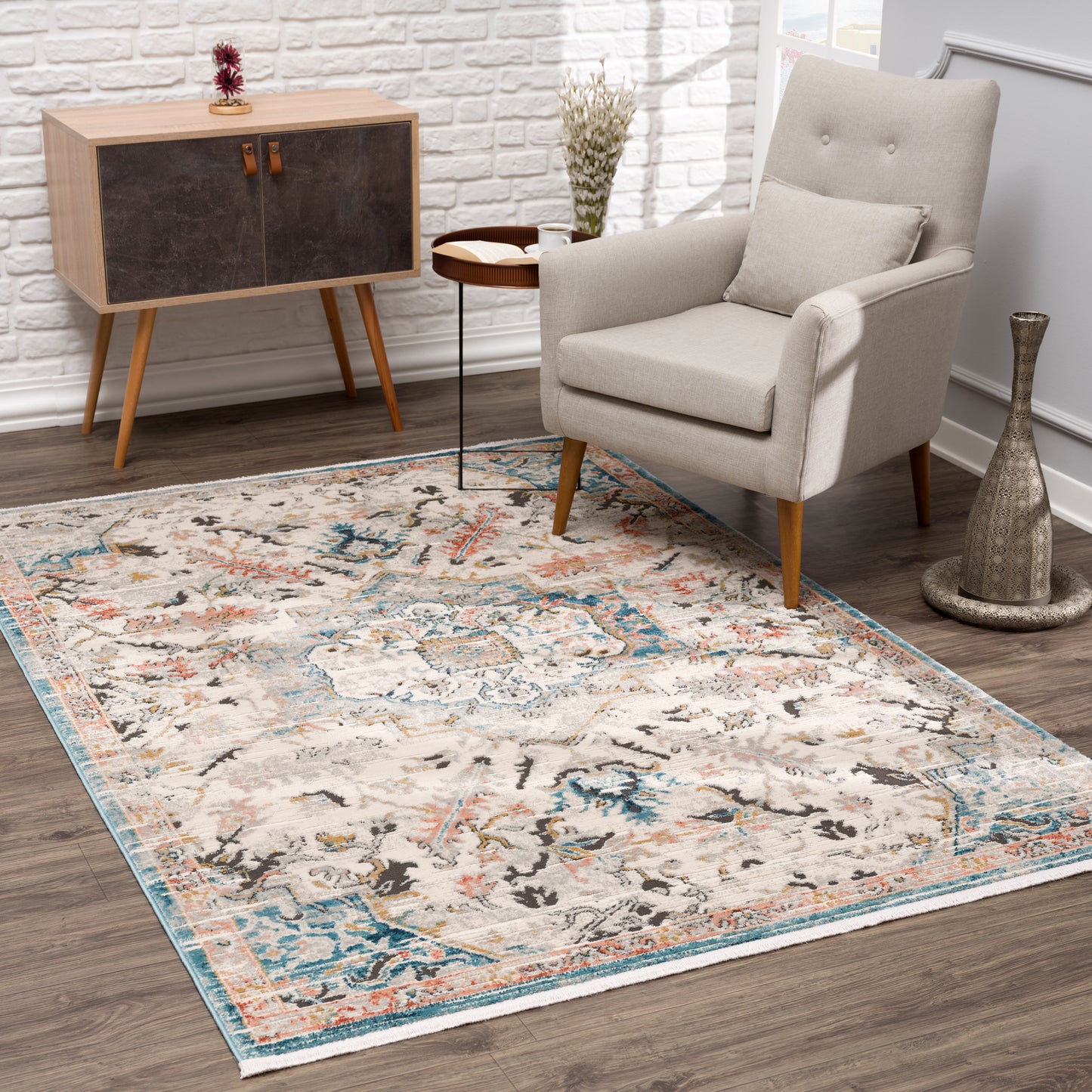 La Dole Rugs Traditional Persian Oriental Paisly Ivory Grey Teal Turquoise Red Orange Area Rug