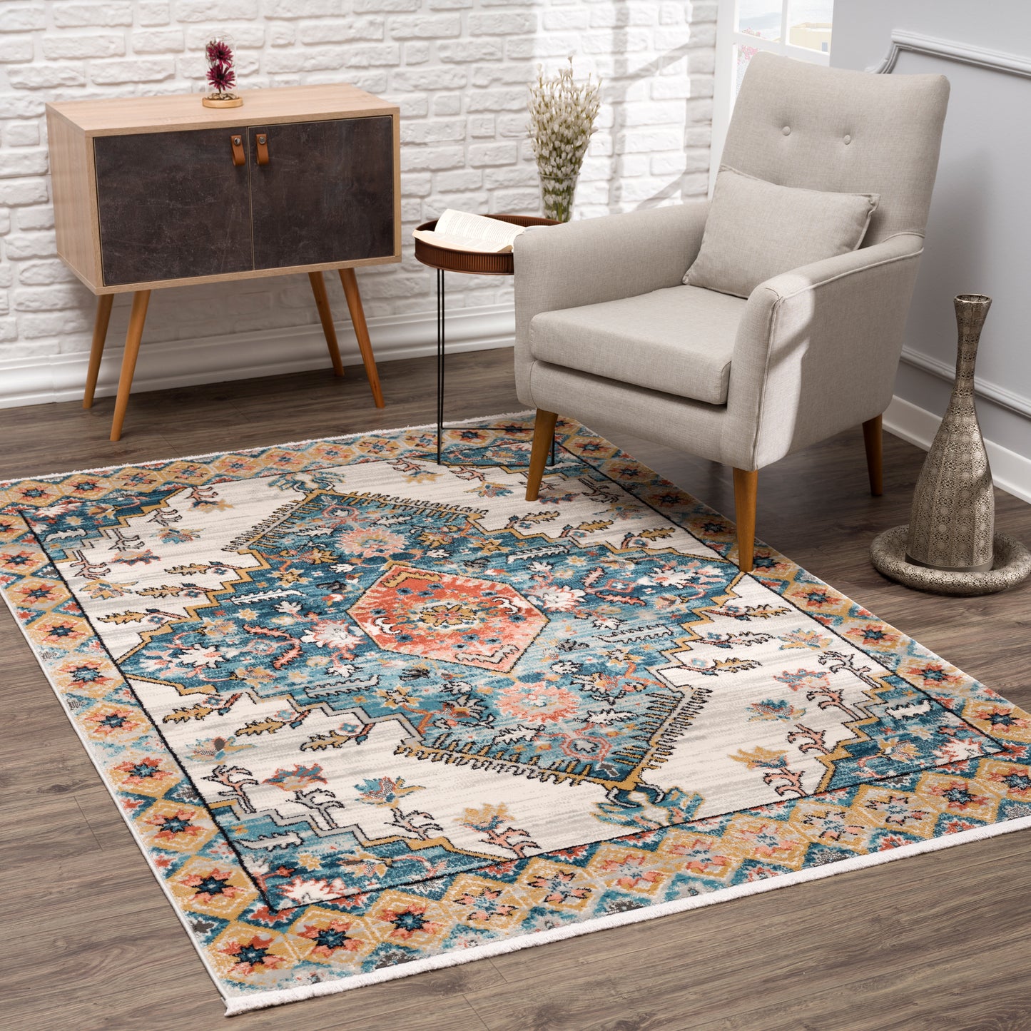 La Dole Rugs Traditional Bordered Navajo Vintage Teal Turquoise Ivory Red Orange Area Rug