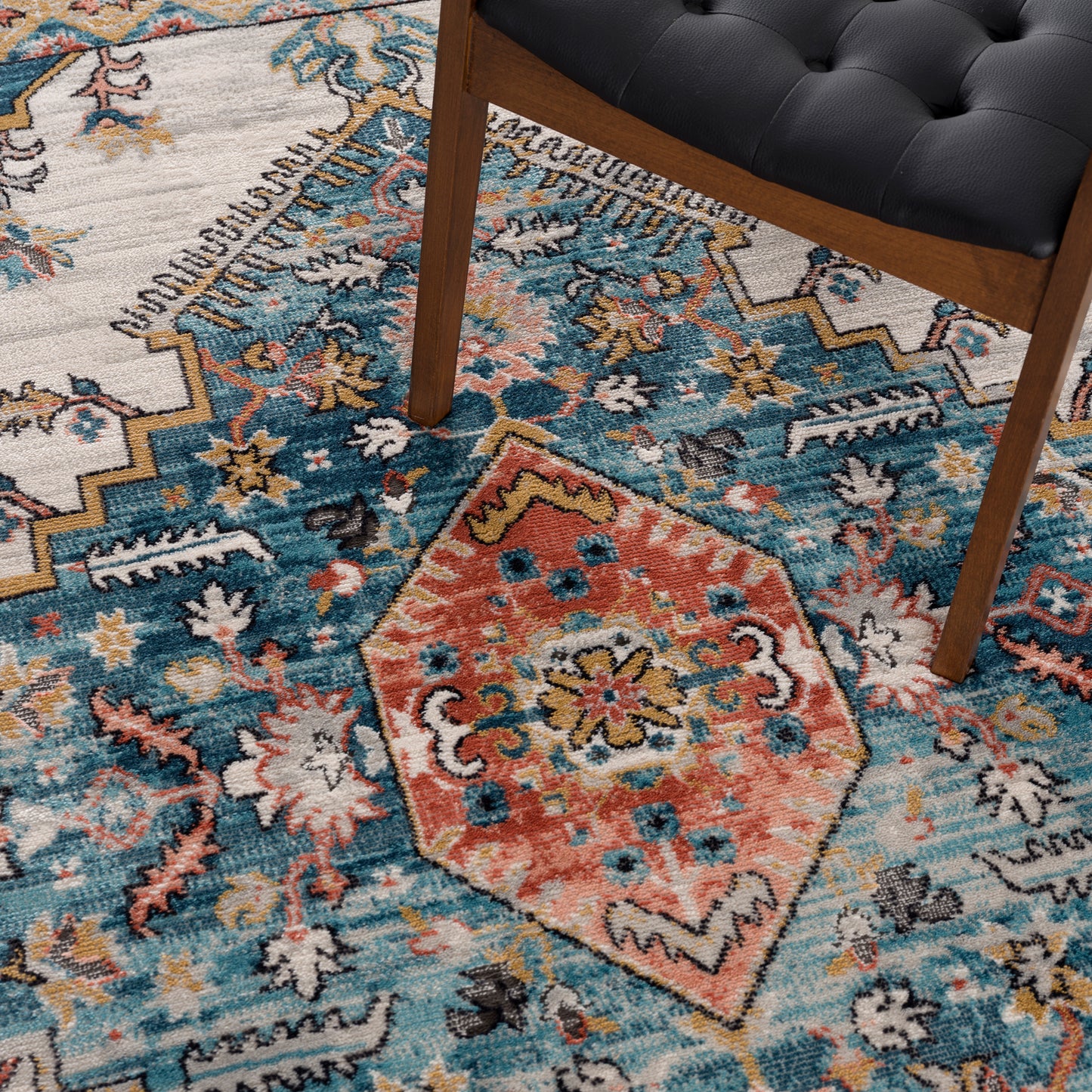 La Dole Rugs Traditional Bordered Navajo Vintage Teal Turquoise Ivory Red Orange Area Rug