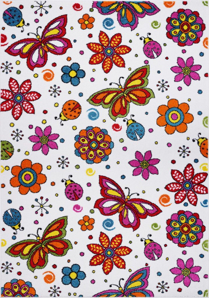 Cream Multi Color Flowers Butterflies Area Rug