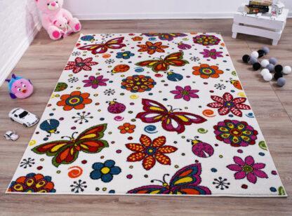 Cream Multi Color Flowers Butterflies Area Rug