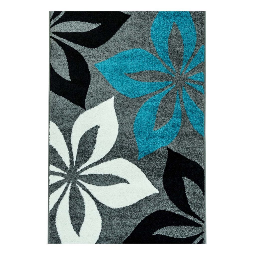 Flower Turquoise Black Gray Area Rug