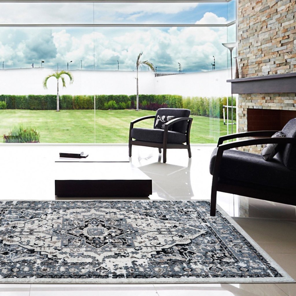 Hanuama Ivory Gray Distressed Design Area Rug -
