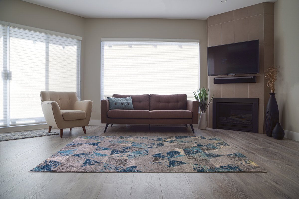 Kensington Teal Cream Grey Abstract Triangles Area Rug -