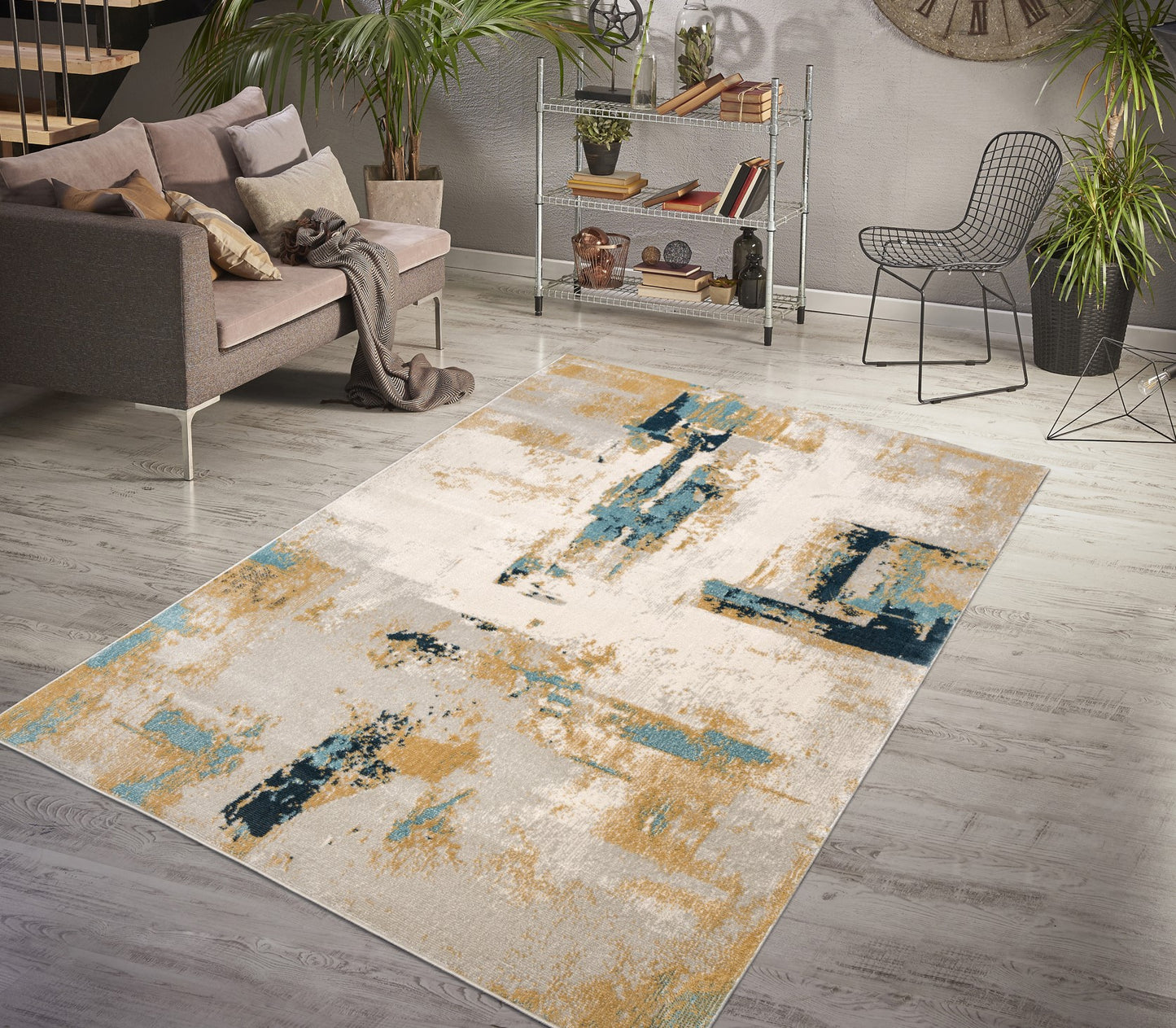 Light Dark Orange Turquoise Beige Rustic Pattern Abstract Modern Minimalistic Area Rug