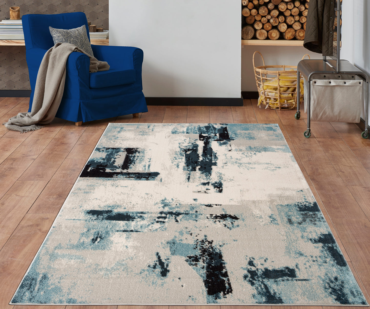 Light Dark Blue Beige Rustic Pattern Abstract Modern Minimalistic Area Rug