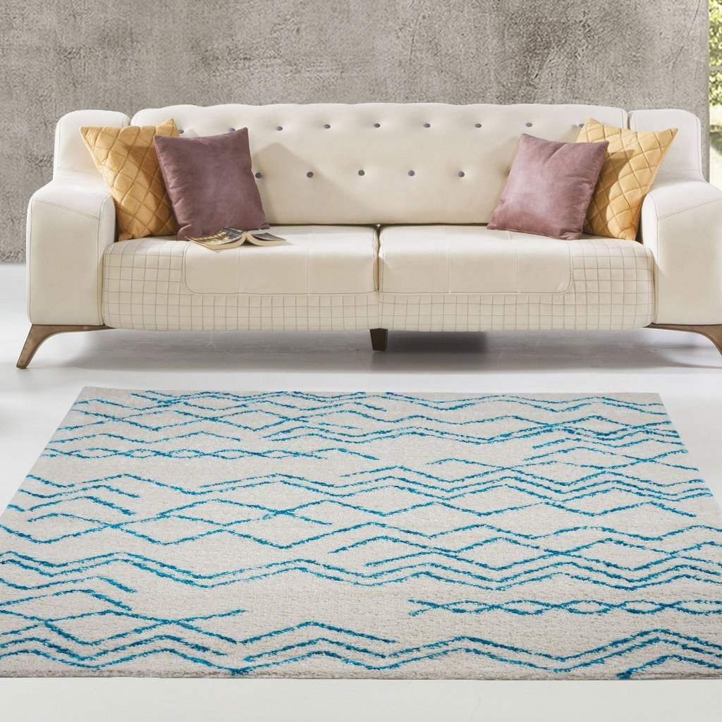 Shaggy Moroccan Ivory Turquoise Area Rug -