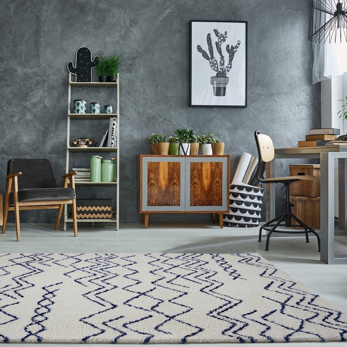 Shaggy Moroccan Ivory Navy Blue Area Rug -