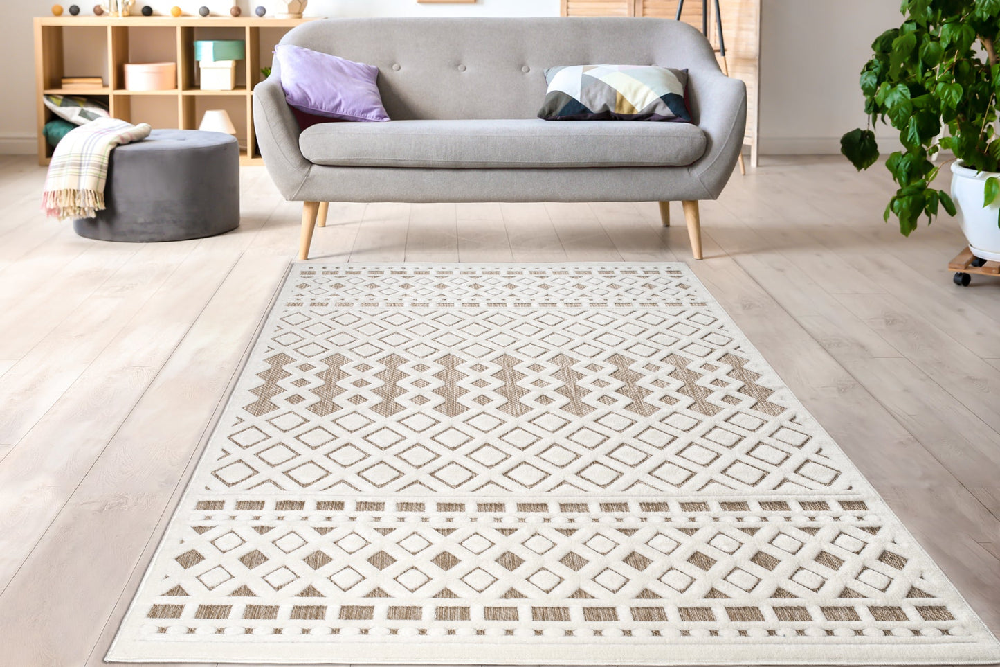 Geometric Modern Contemporary Outdoor Indoor Area Rug Carpet For Patio, Porch, Dining Area, Balcony, Living Room, Bedroom - Brown - Cream Beige