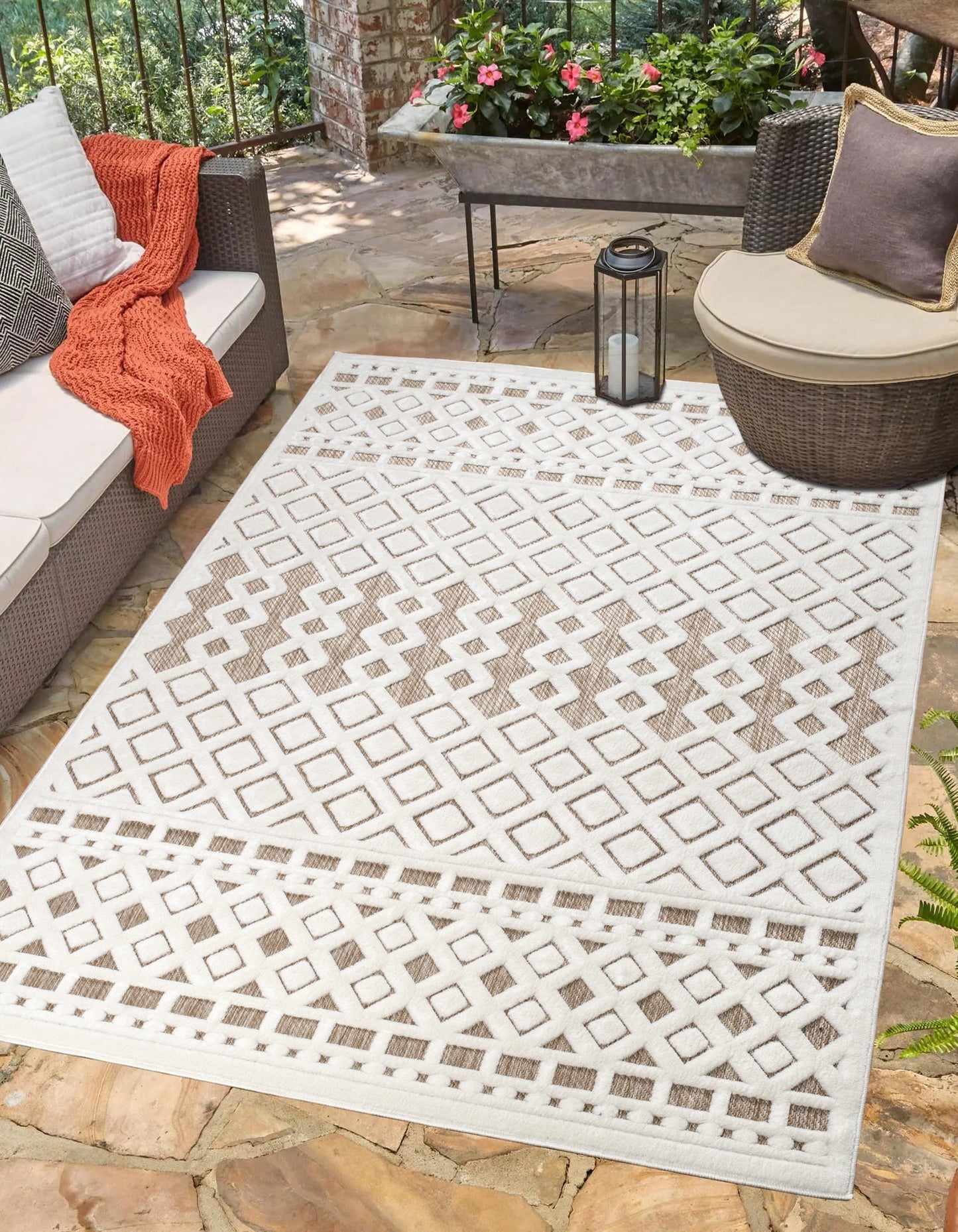 Geometric Modern Contemporary Outdoor Indoor Area Rug Carpet For Patio, Porch, Dining Area, Balcony, Living Room, Bedroom - Brown - Cream Beige