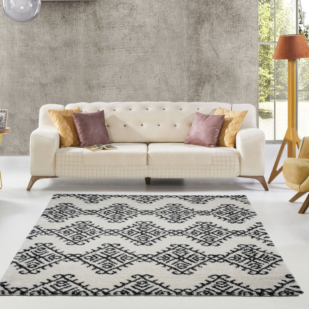 Oriental Motif Ivory Dark Gray Shaggy Area Rug -