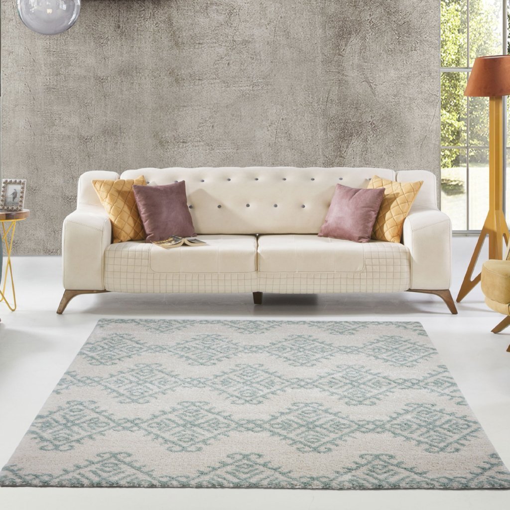 Oriental Motif Ivory Aqua Green Shaggy Area Rug -