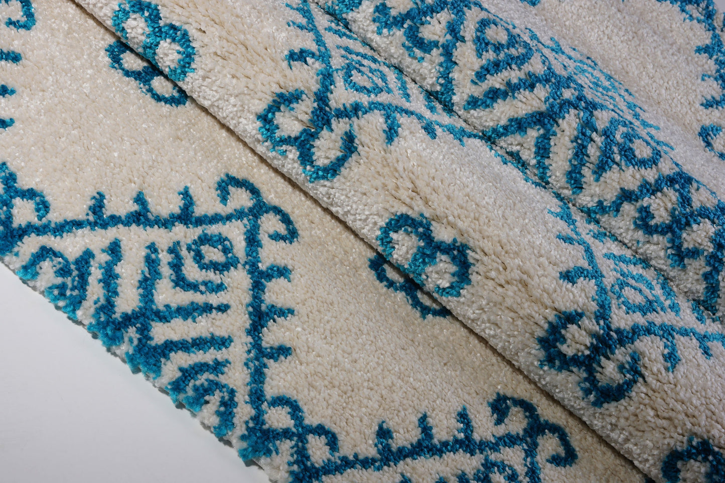 Oriental Motif Ivory Turquoise Shaggy Area Rug -
