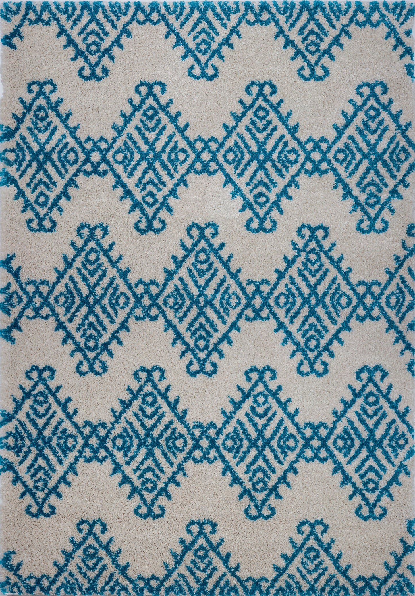Oriental Motif Ivory Turquoise Shaggy Area Rug -